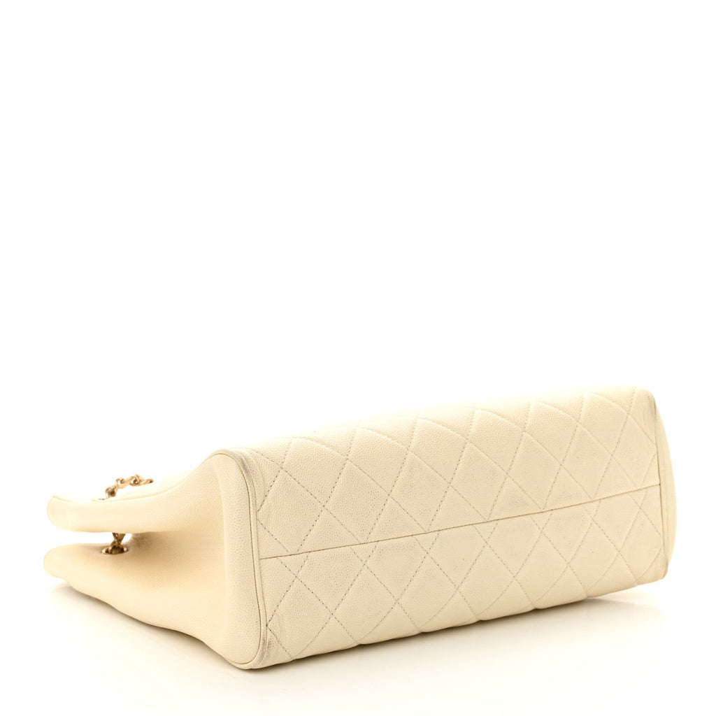 Caviar Quilted In Out Flap Shopping Tote White