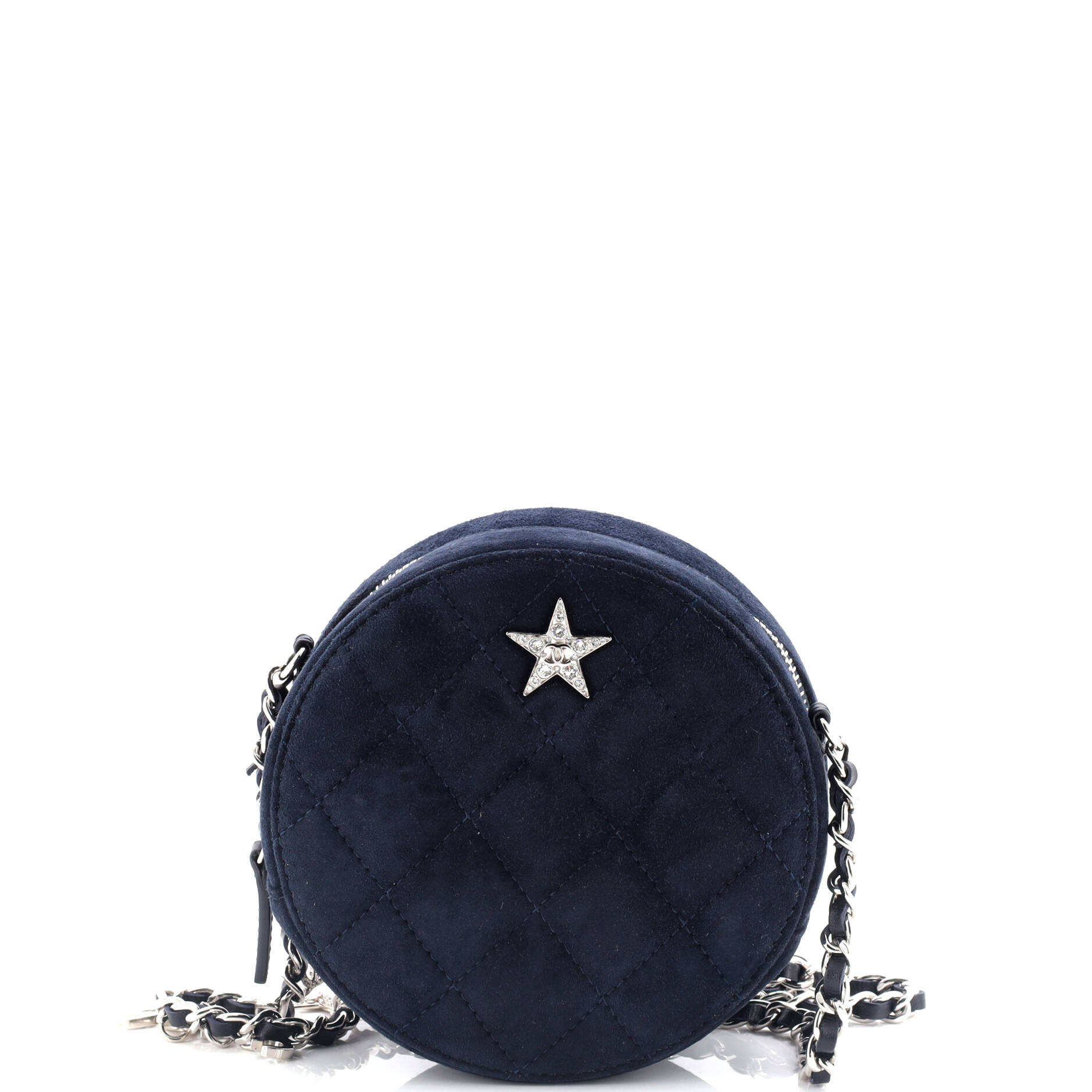 Star Round Clutch with Chain Quilted Suede with Crystal Embellished Charms