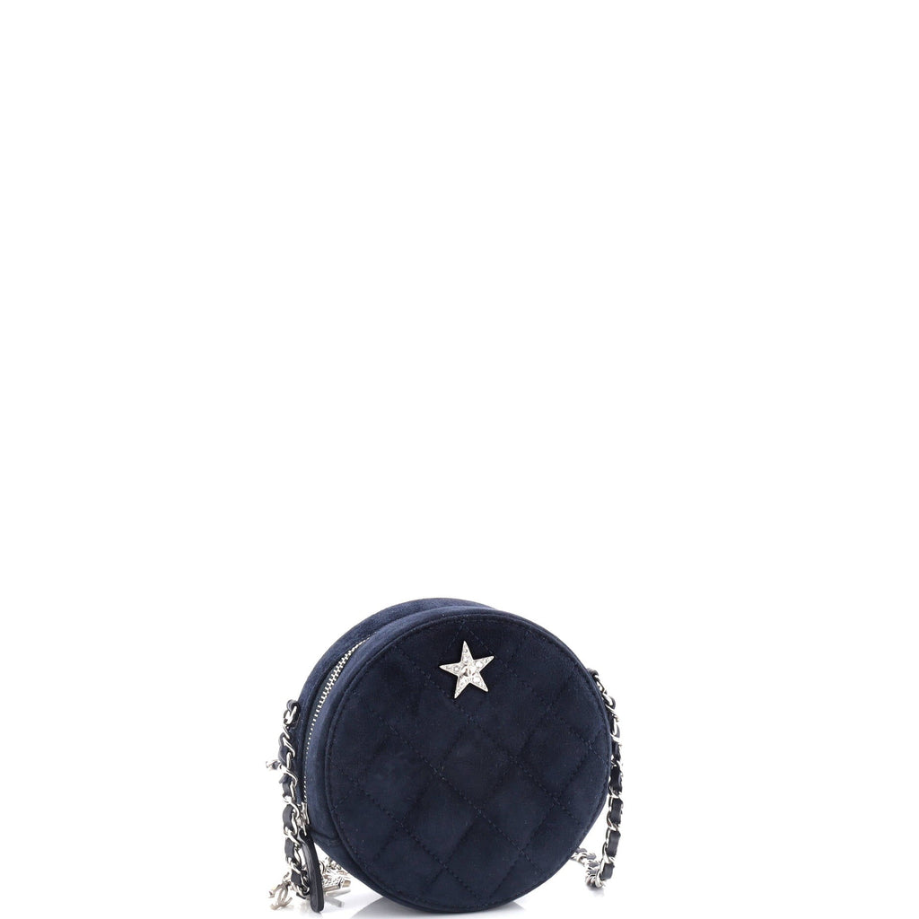 Star Round Clutch with Chain Quilted Suede with Crystal Embellished Charms