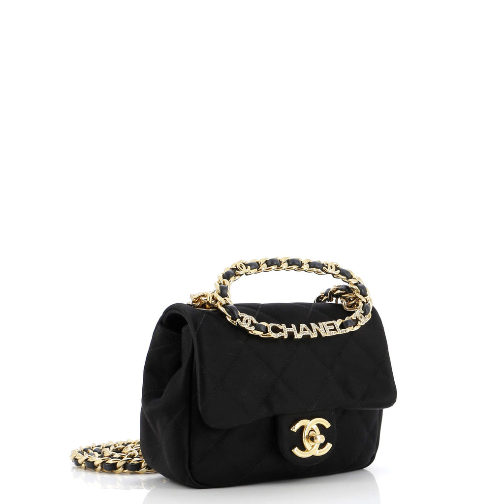 Oval Logo Chain Handle Flap Bag Quilted Satin with Crystals Mini