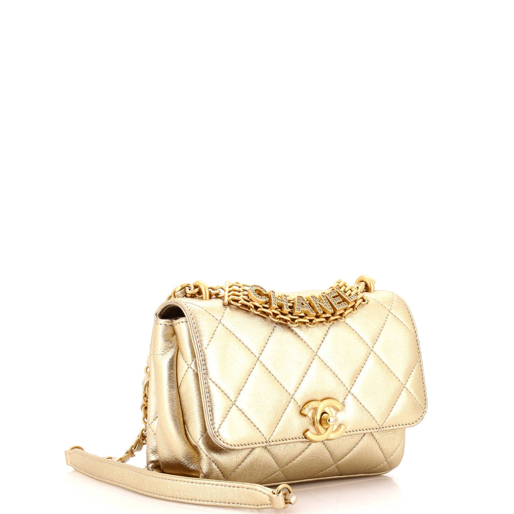 Crystal Logo Letters Chain Handle Flap Bag Quilted Lambskin Mini