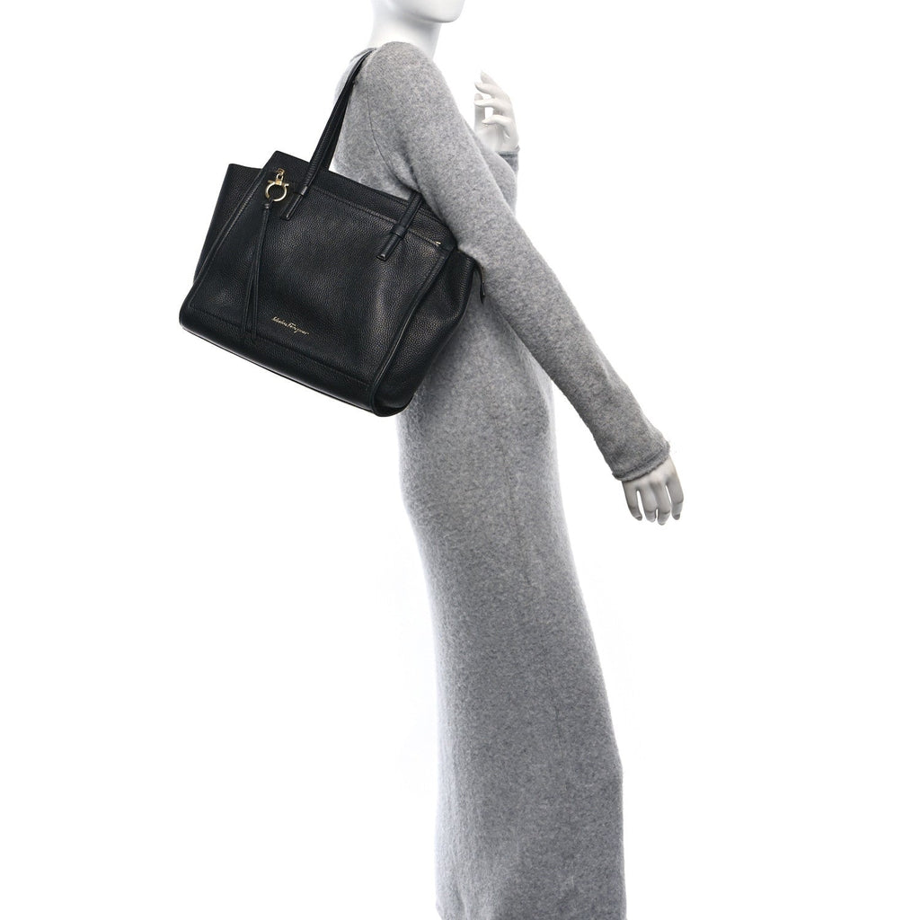 Hammered Calfskin Double Handle Large Amy Tote Black