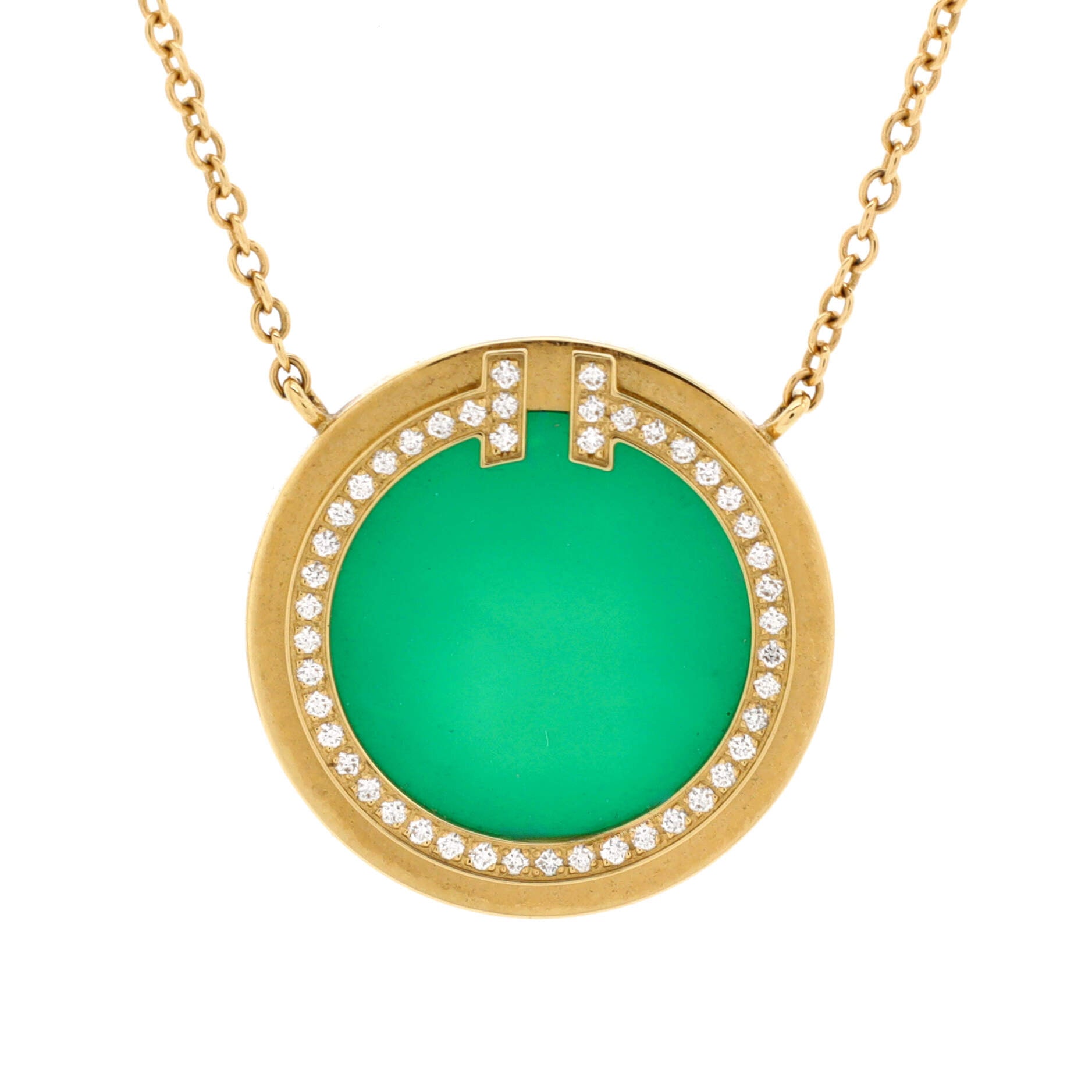 T Circle Pendant Necklace 18K Yellow Gold with Agate and Diamonds Large