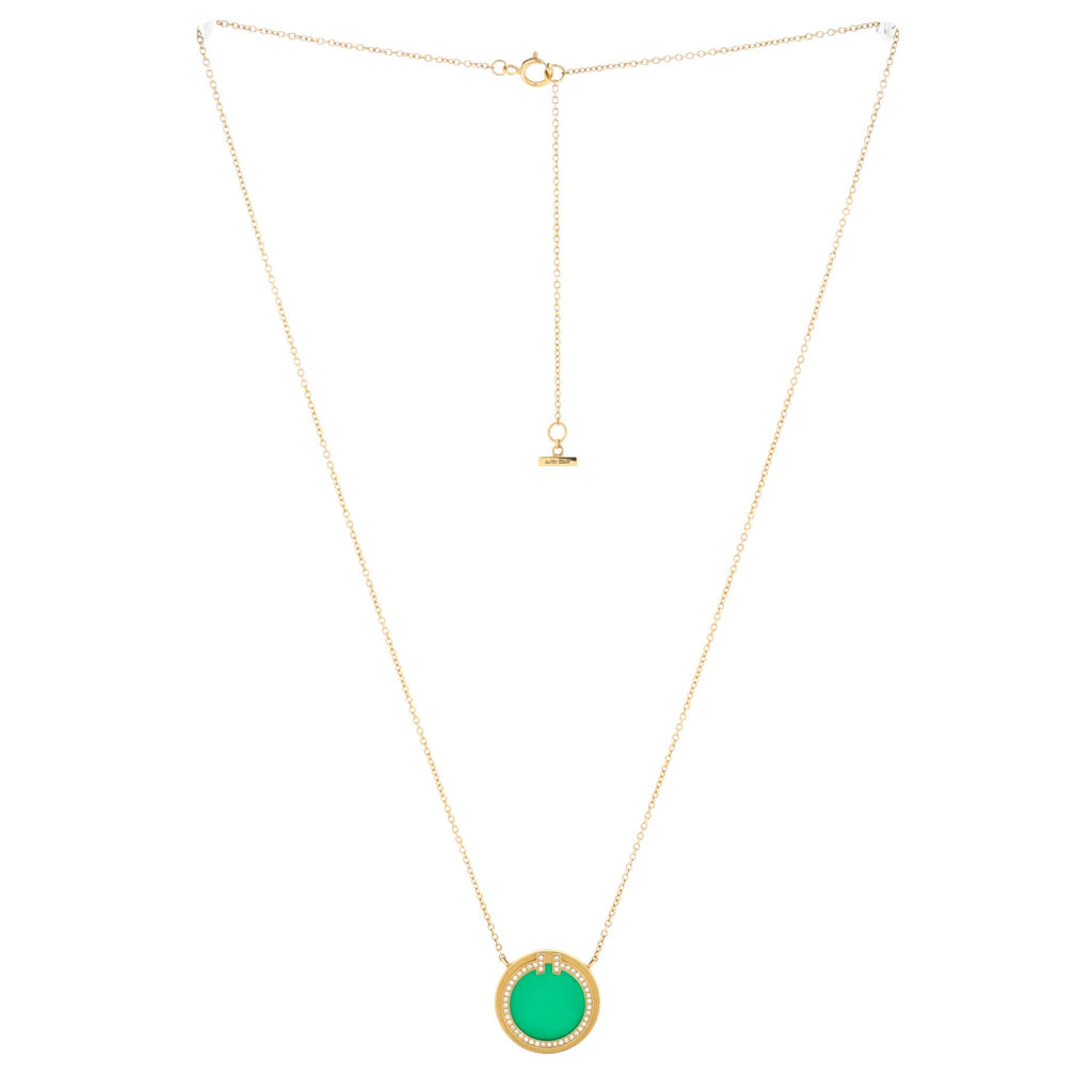 T Circle Pendant Necklace 18K Yellow Gold with Agate and Diamonds Large