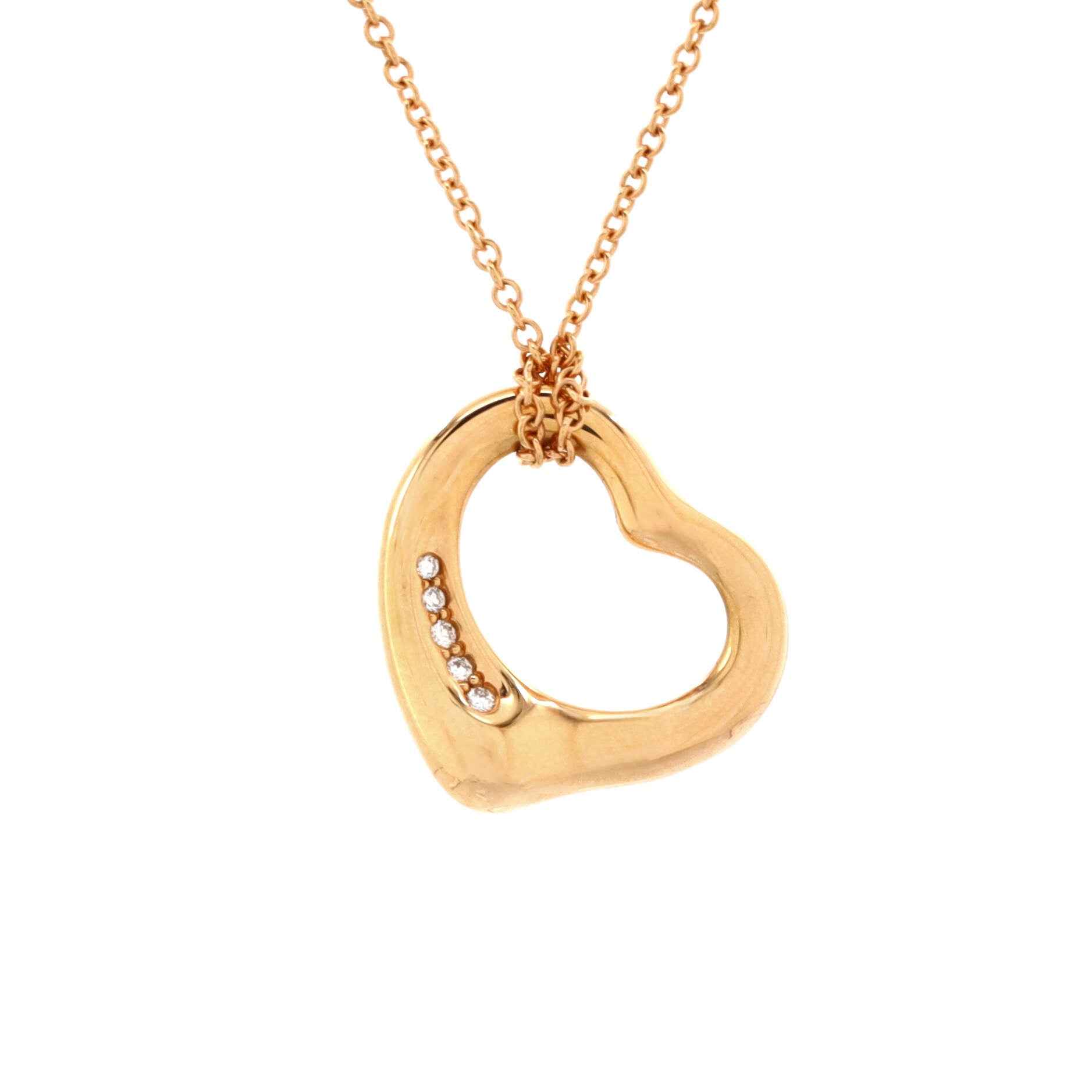 Elsa Peretti Open Heart 5 Diamonds Pendant Necklace 18K Rose Gold with Diamonds
