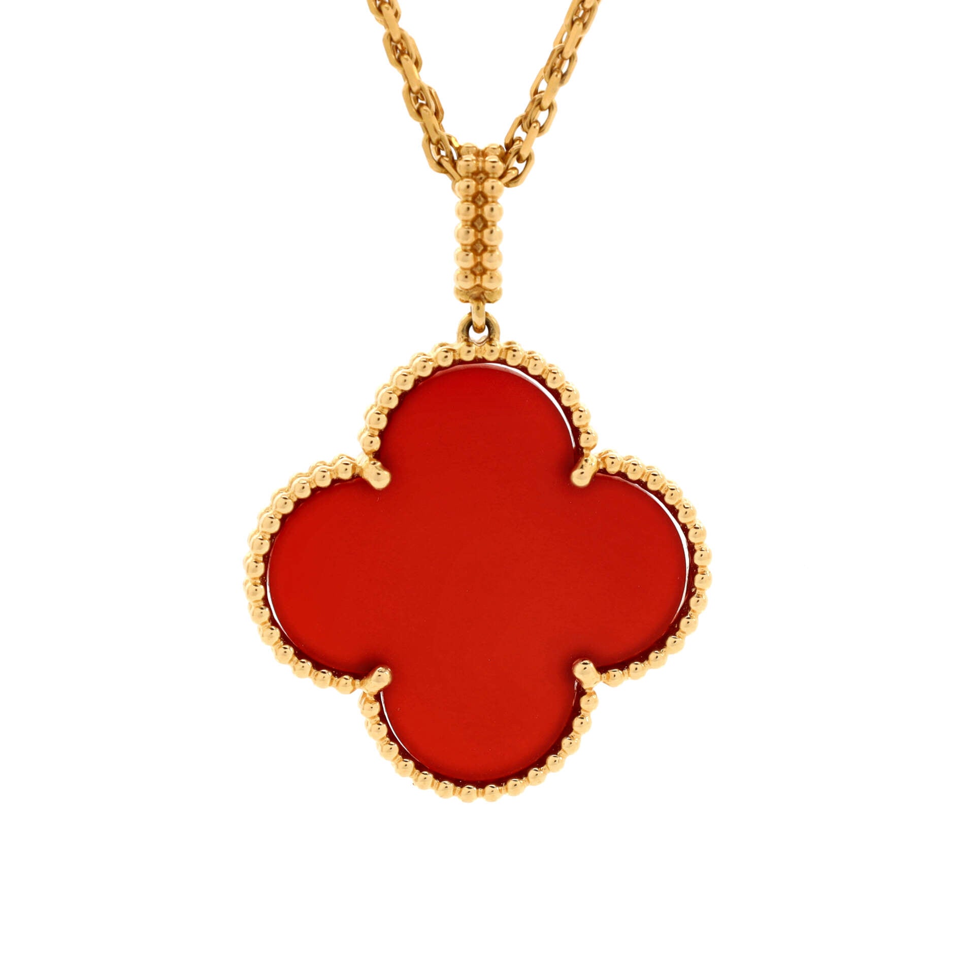 Magic Alhambra Pendant Long Necklace 18K Yellow Gold and Carnelian