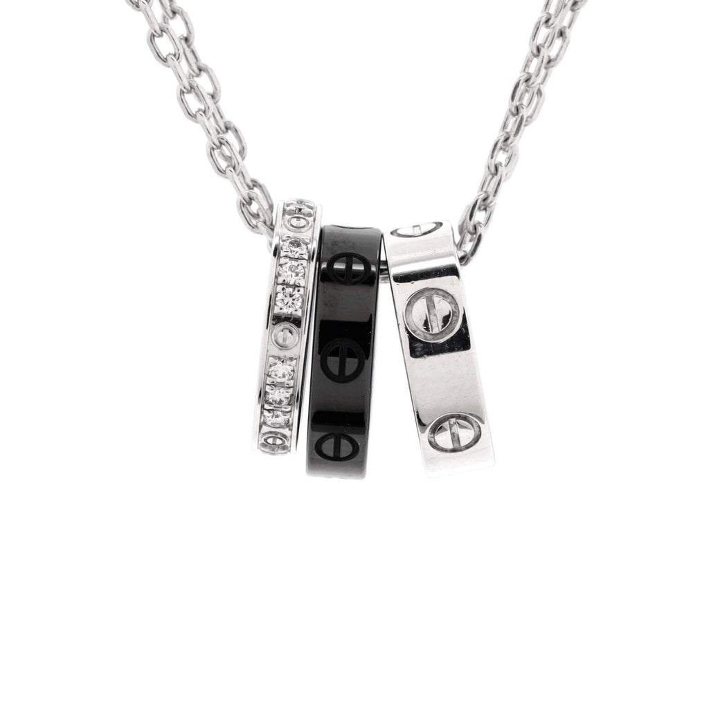 Love 3 Ring Pendant Necklace 18K White Gold and Ceramic with Diamonds