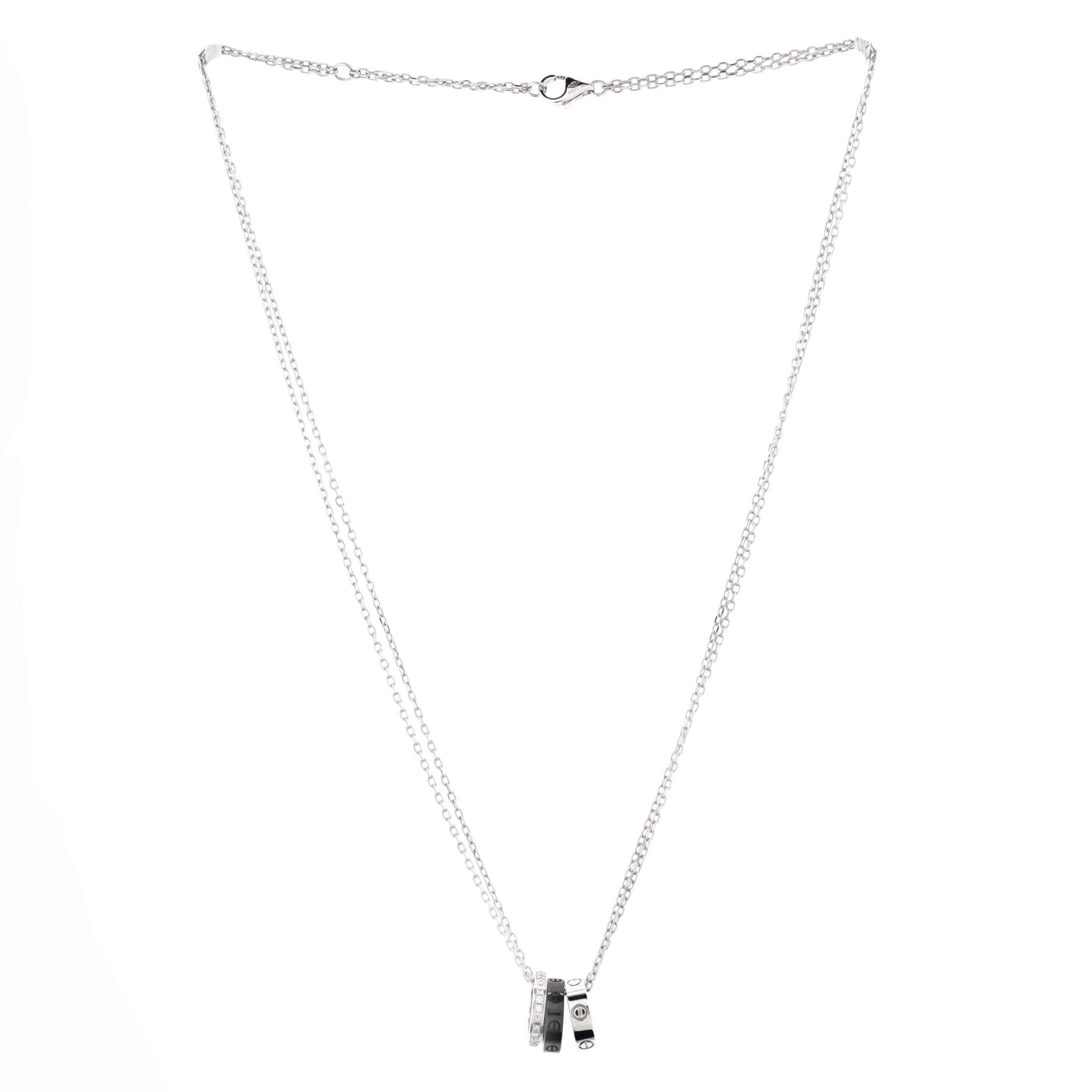 Love 3 Ring Pendant Necklace 18K White Gold and Ceramic with Diamonds