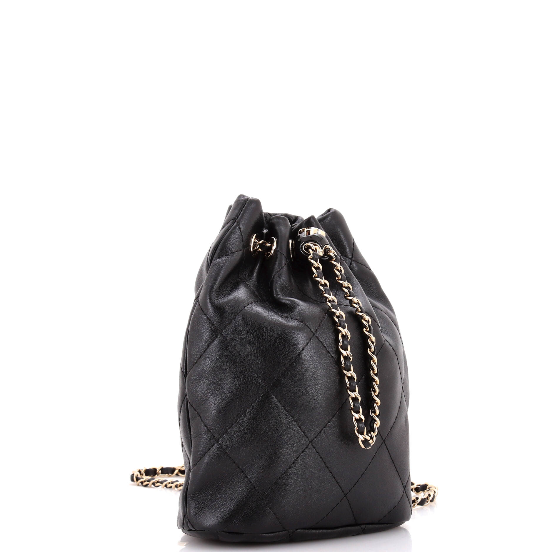 Logo Script Drawstring Chain Backpack Quilted Shiny Lambskin Small
