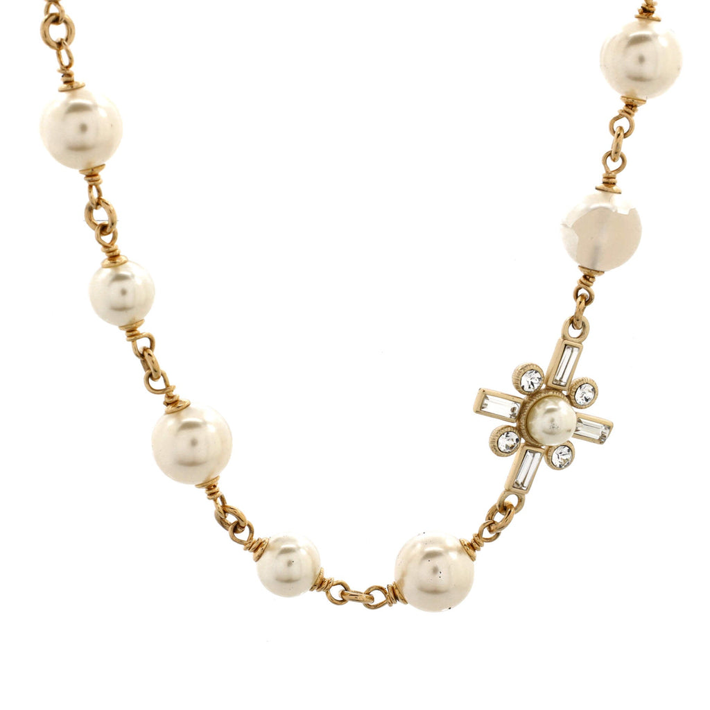 CC Station Long Necklace Metal with Faux Pearls and Crystals