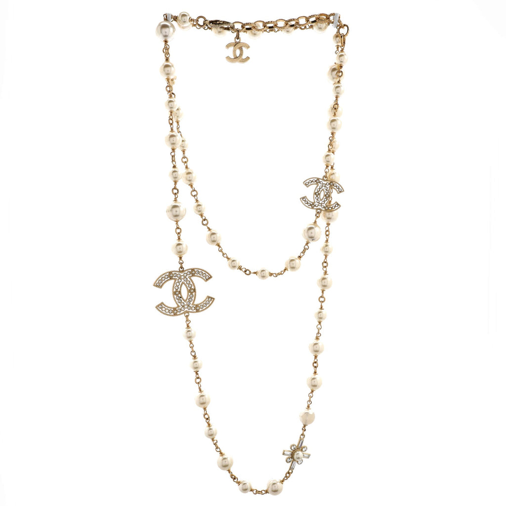 CC Station Long Necklace Metal with Faux Pearls and Crystals