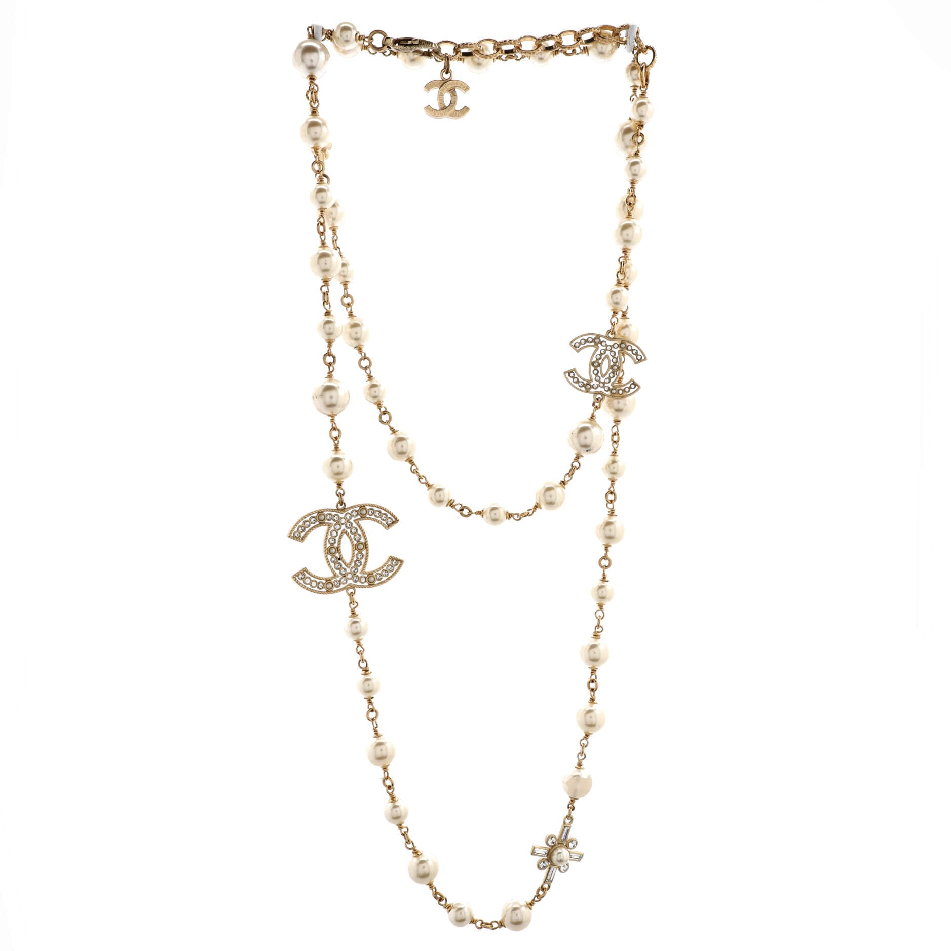 CC Station Long Necklace Metal with Faux Pearls and Crystals