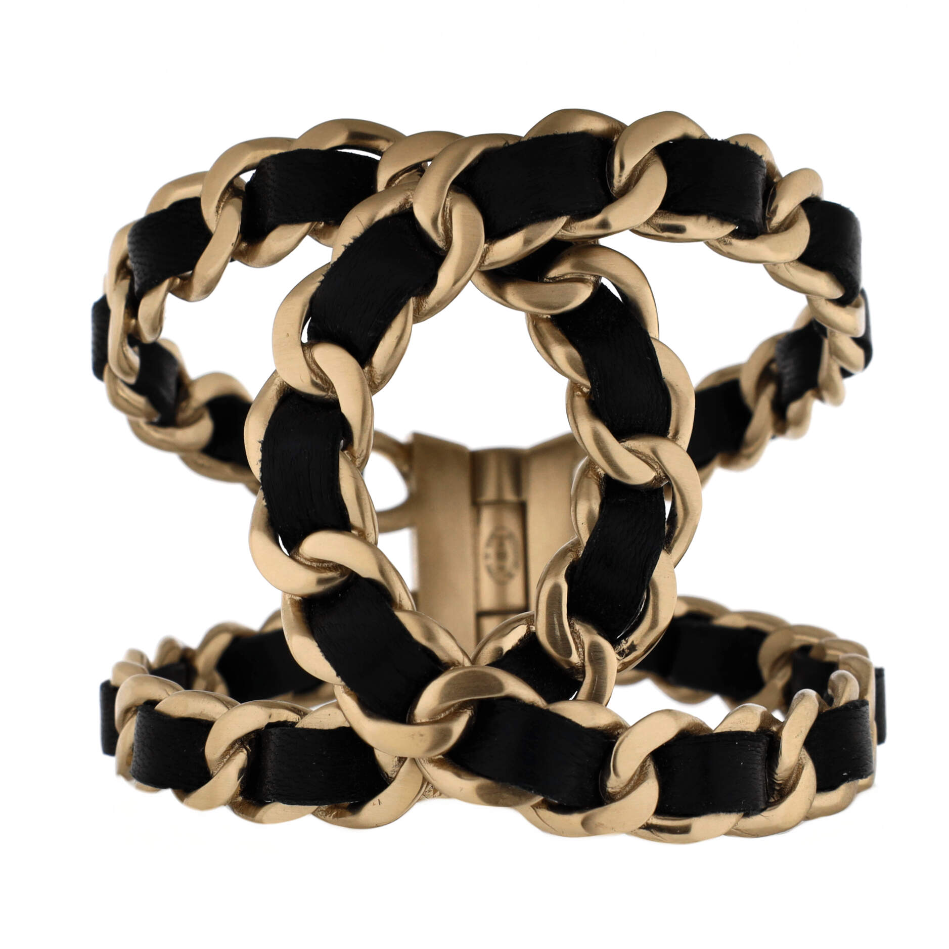 Chain CC Cuff Hinged Bracelet Metal with Lambskin Wide