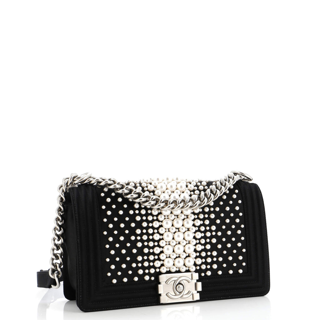 Boy Flap Bag Pearl Embellished Satin Old Medium