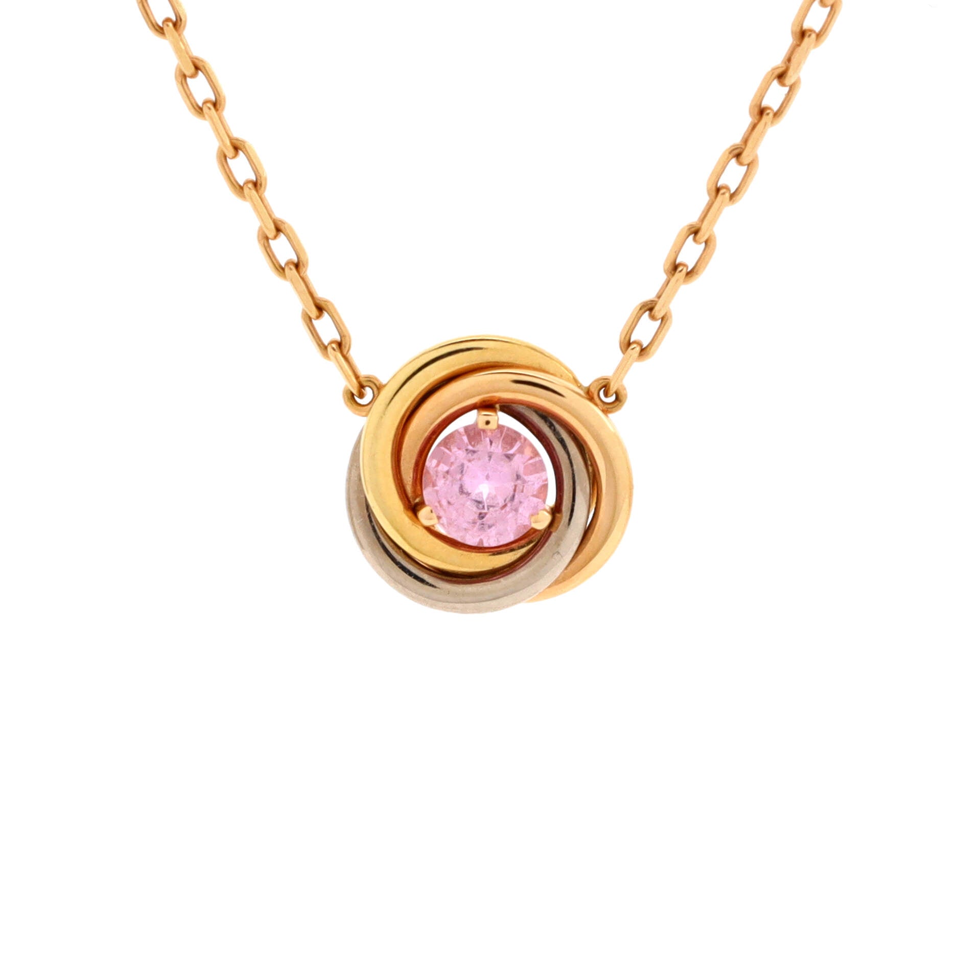 Trinity Diamond Pendant Necklace 18K Tricolor Gold and Pink Sapphire