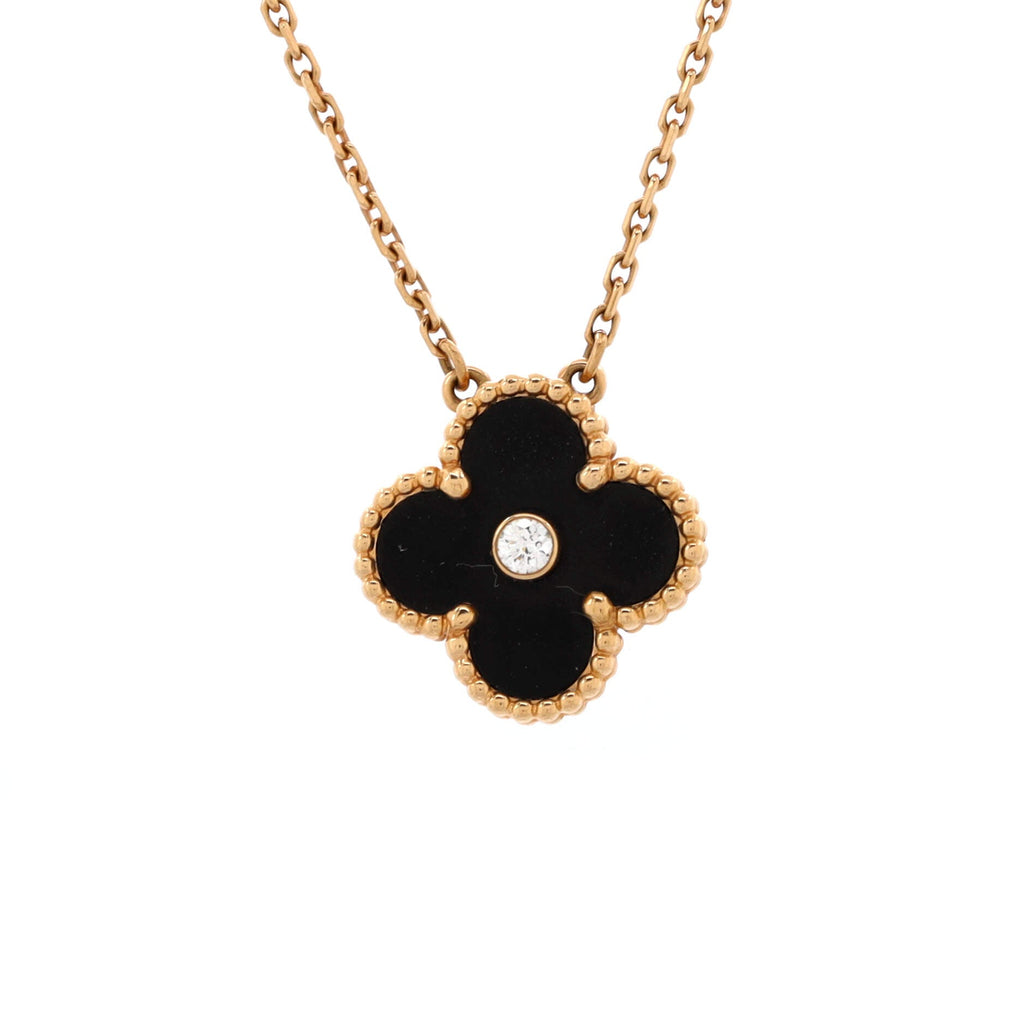Vintage Alhambra Pendant Necklace 18K Rose Gold and Onyx with Diamond