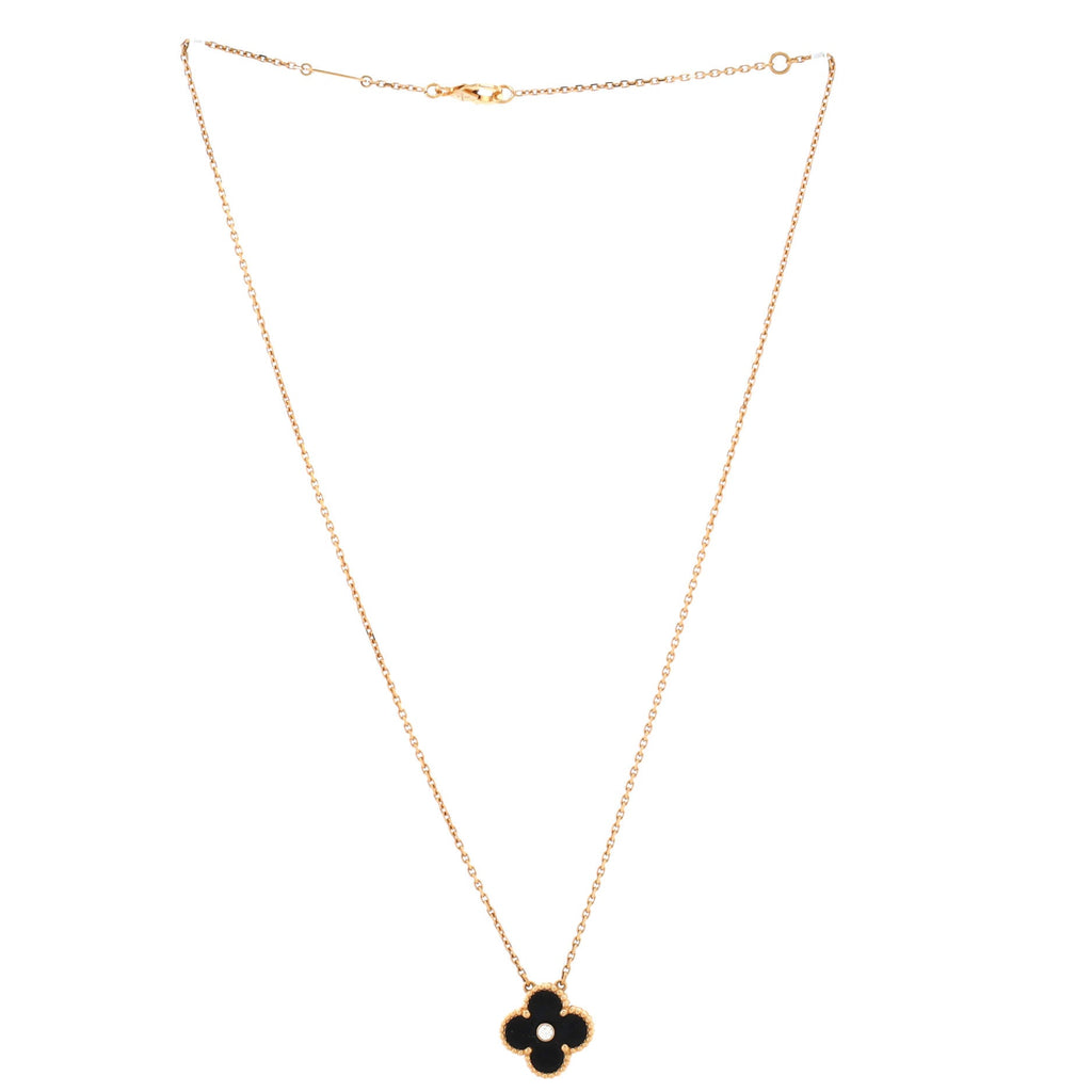 Vintage Alhambra Pendant Necklace 18K Rose Gold and Onyx with Diamond