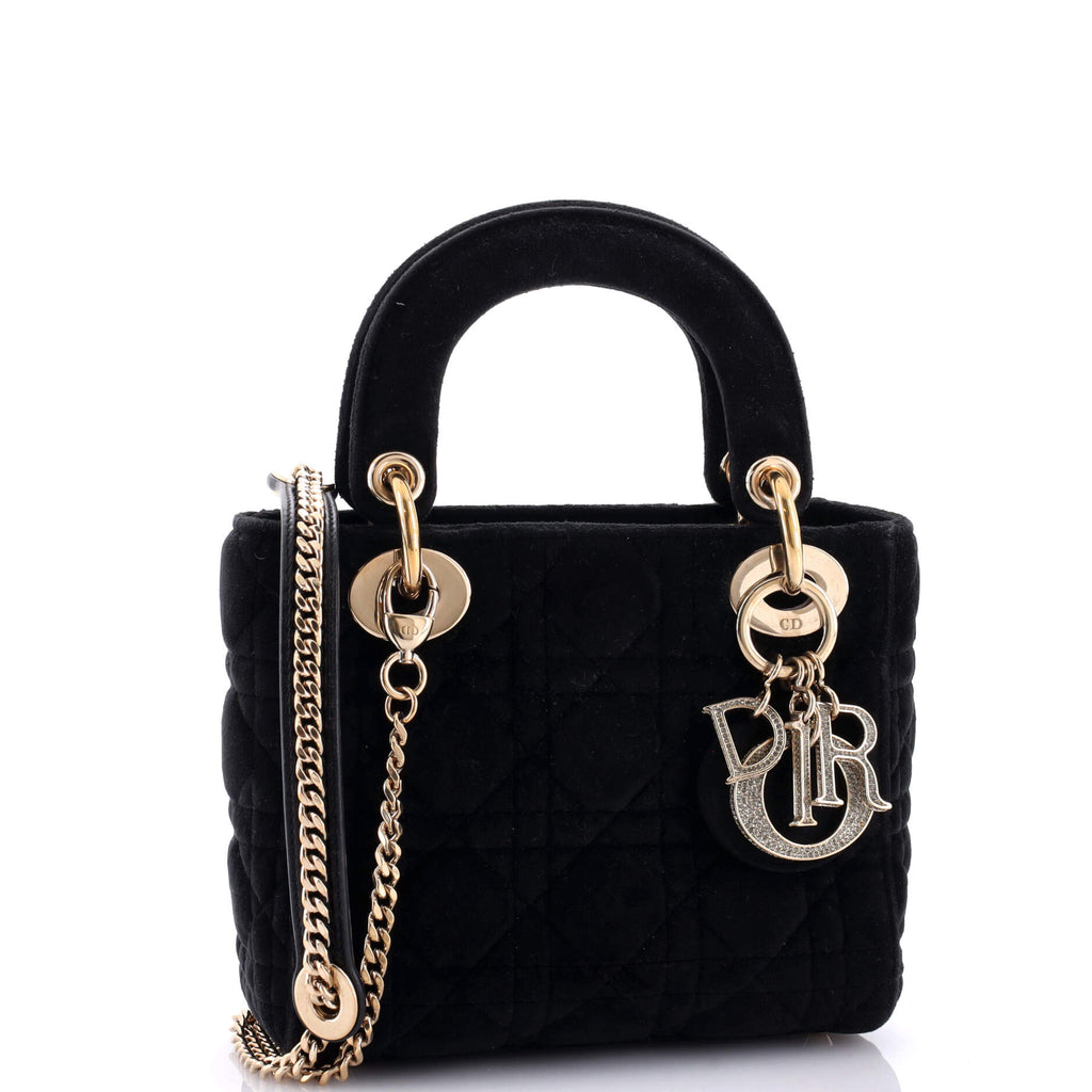 Lady Dior Chain Bag Cannage Quilt Velvet with Crystal Charms Mini