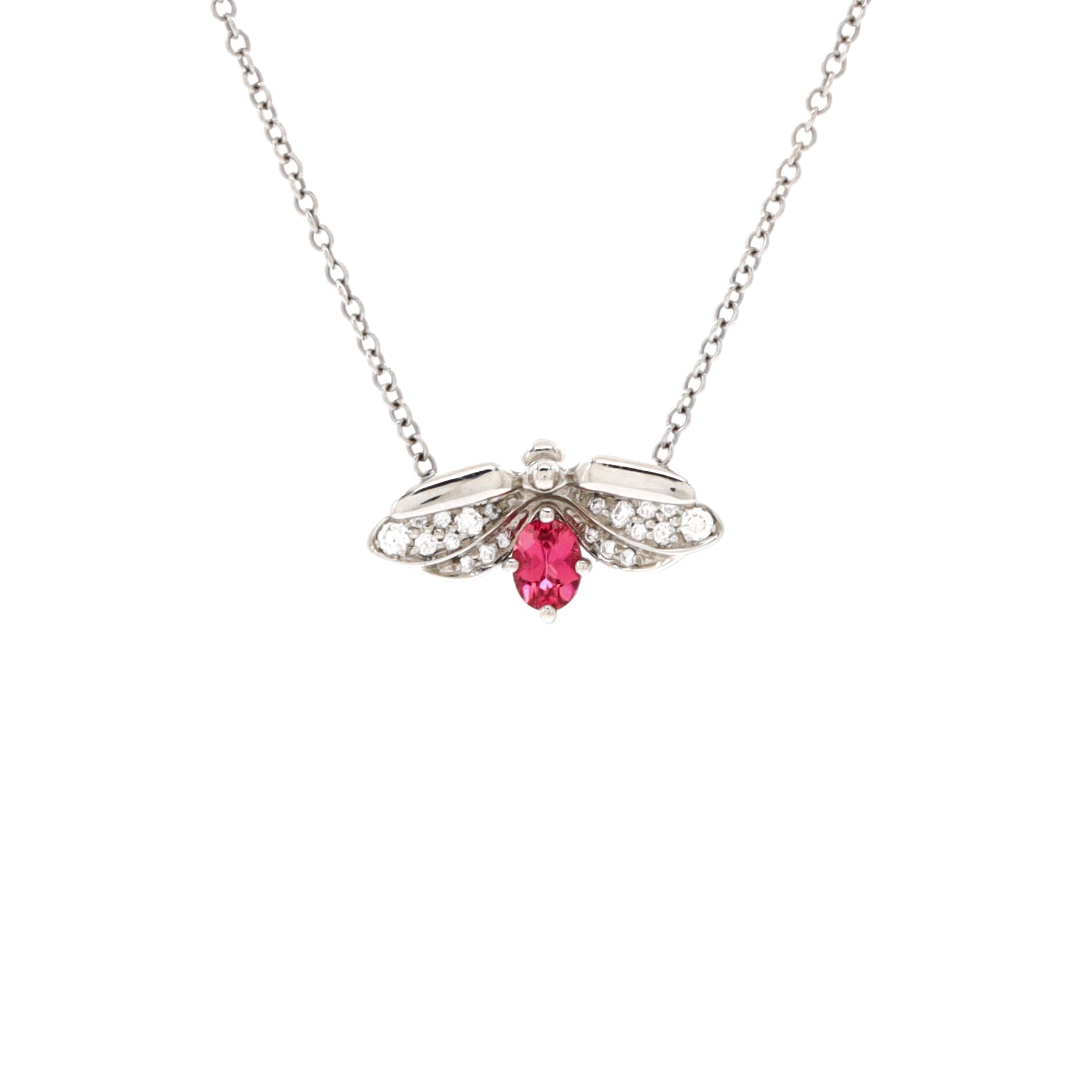 Paper Flowers Firefly Pendant Necklace Platinum with Diamonds and Pink Tourmaline Small
