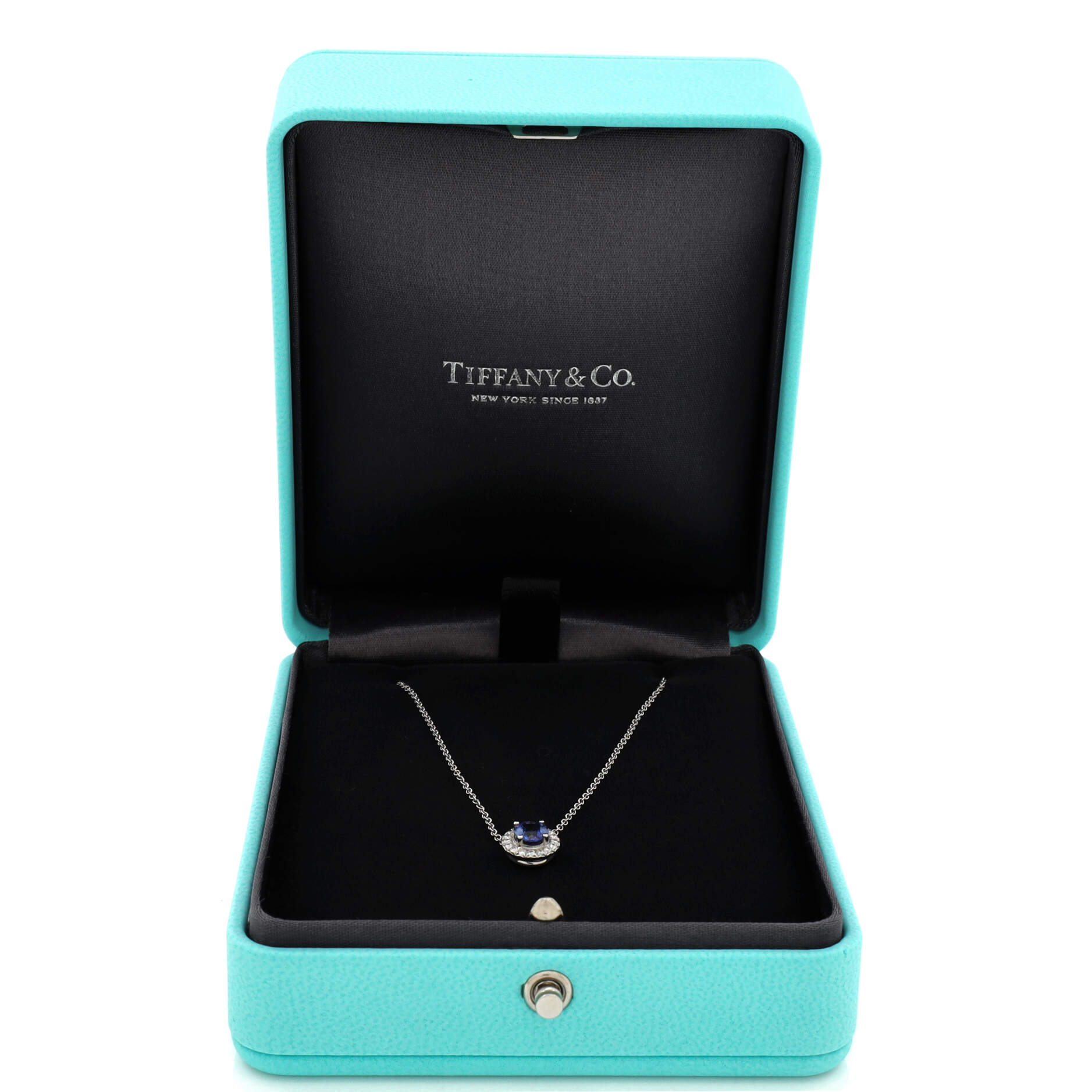 Soleste Round Pendant Necklace Platinum with Diamonds and Blue Sapphire