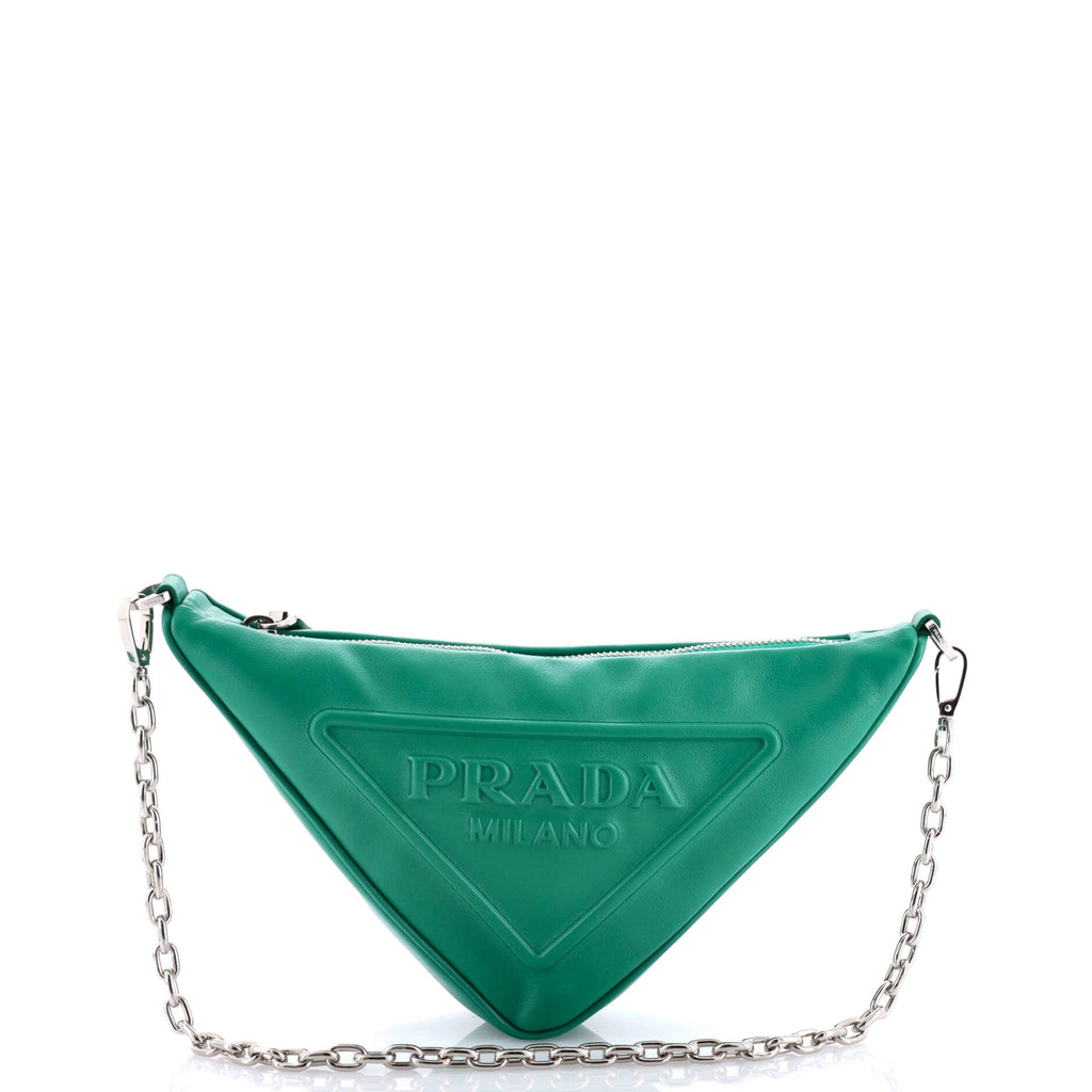 Triangle Logo Zip Chain Crossbody Bag Embossed Leather Small
