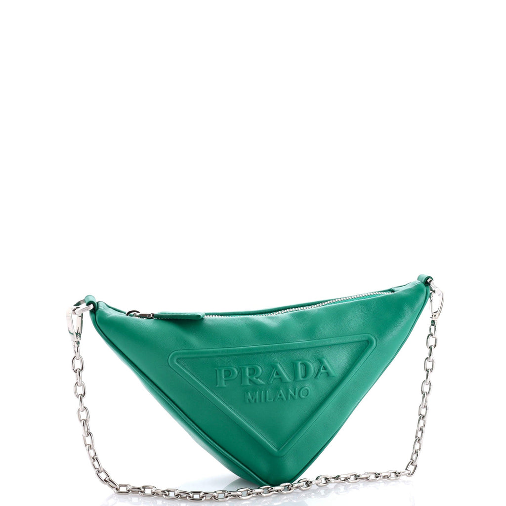 Triangle Logo Zip Chain Crossbody Bag Embossed Leather Small