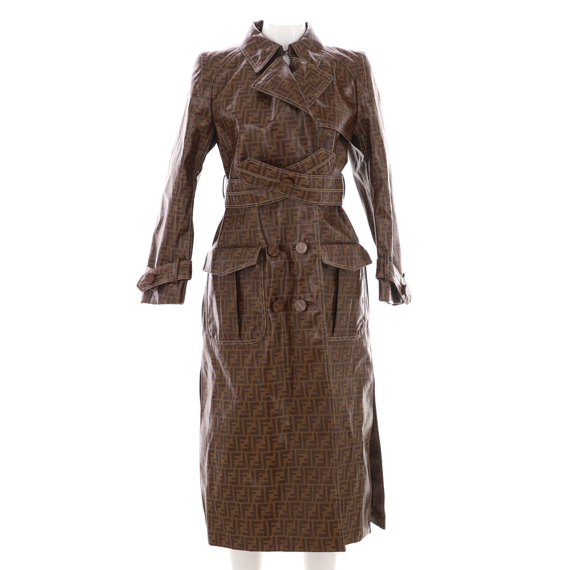 Women's Double Breasted Belted Trench Coat Zucca Coated Canvas