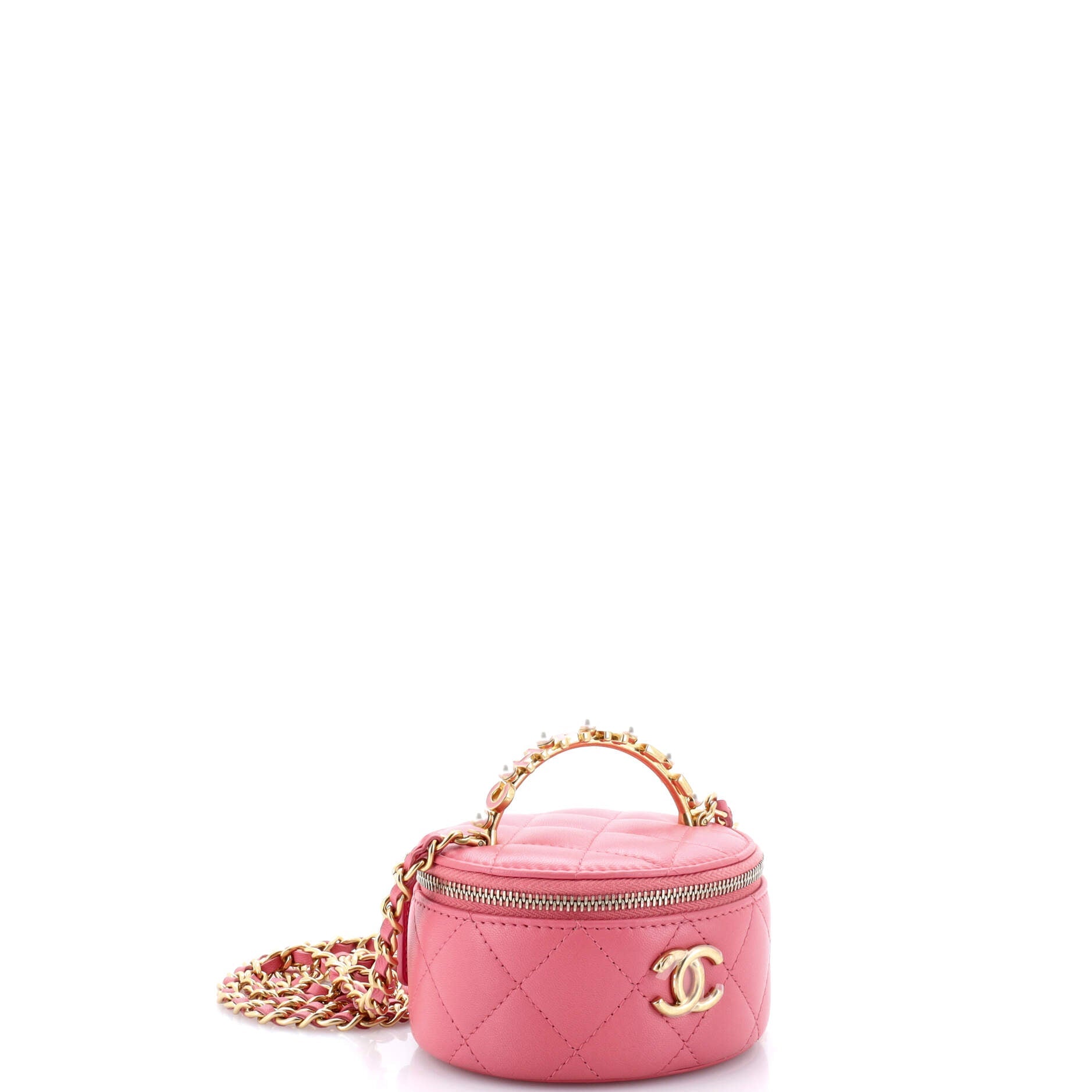 Pearl Logo Top Handle Round Vanity Case with Chain Quilted Lambskin Mini
