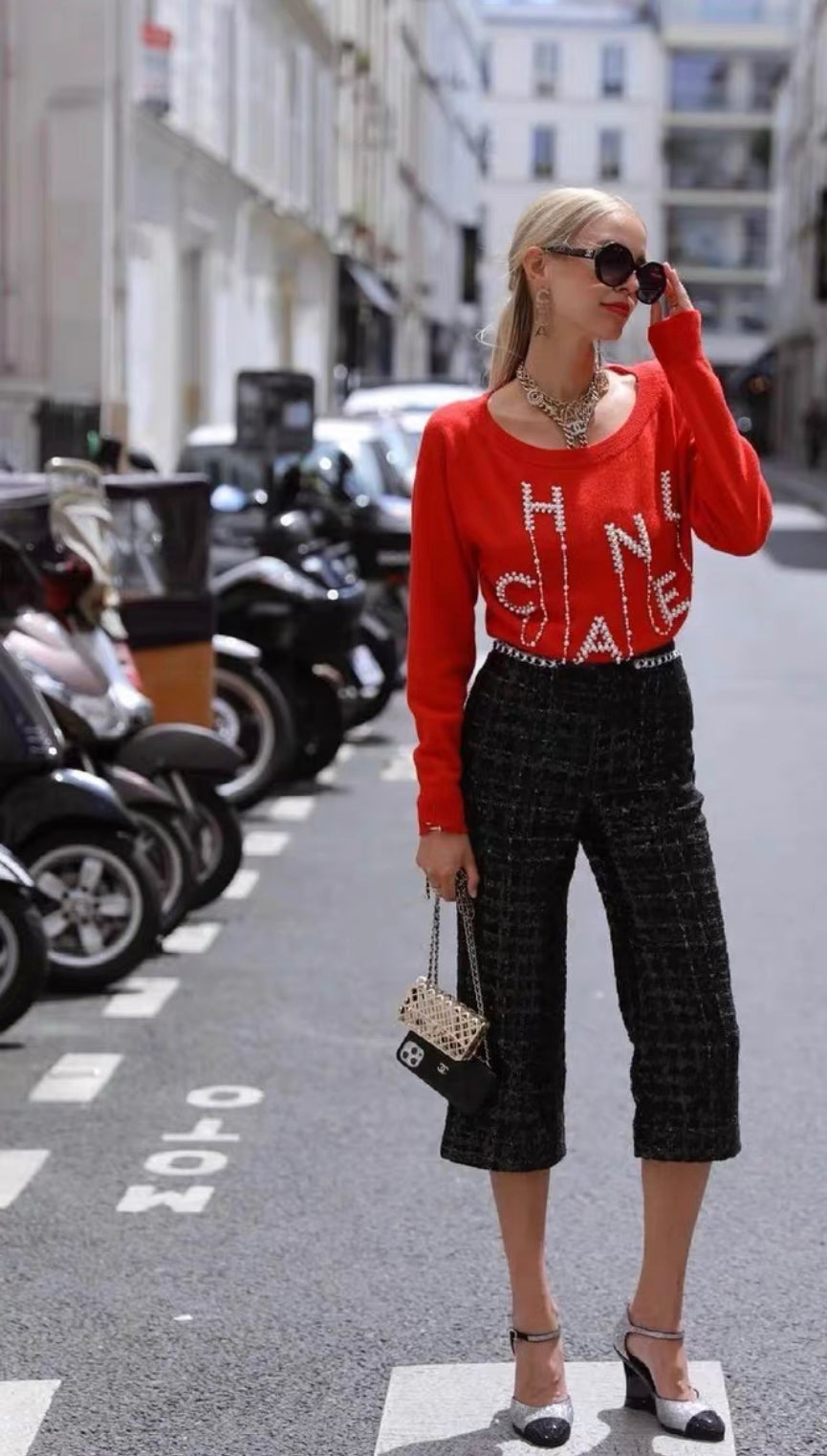 Chanel 21S CC pearl letter red knitted sweater size 34
