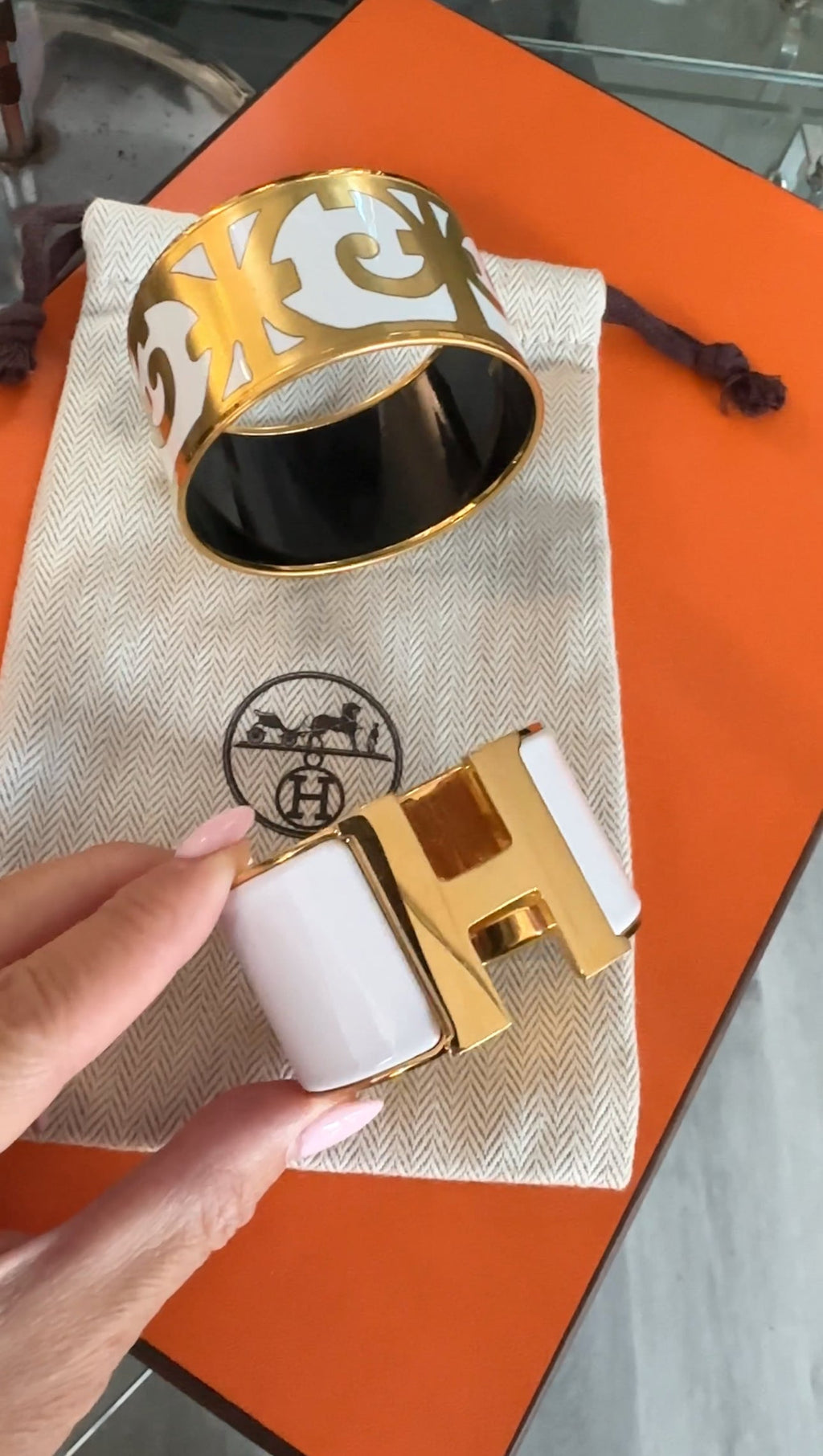 Hermes Extra Wide Clic H Bracelet in White and Gold
