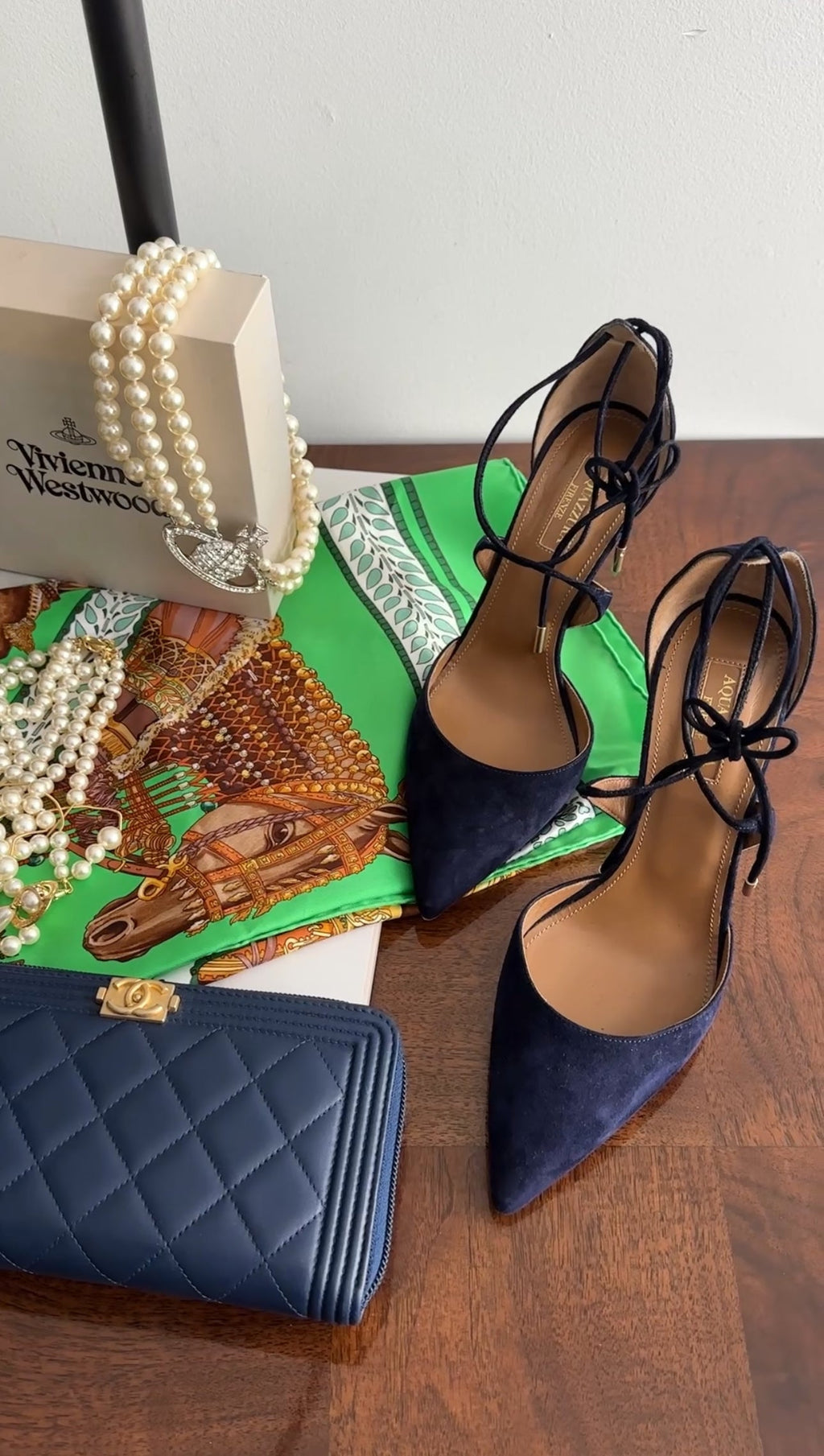 Aquazzura Navy Suede Matilde Lace Up Pumps - 37