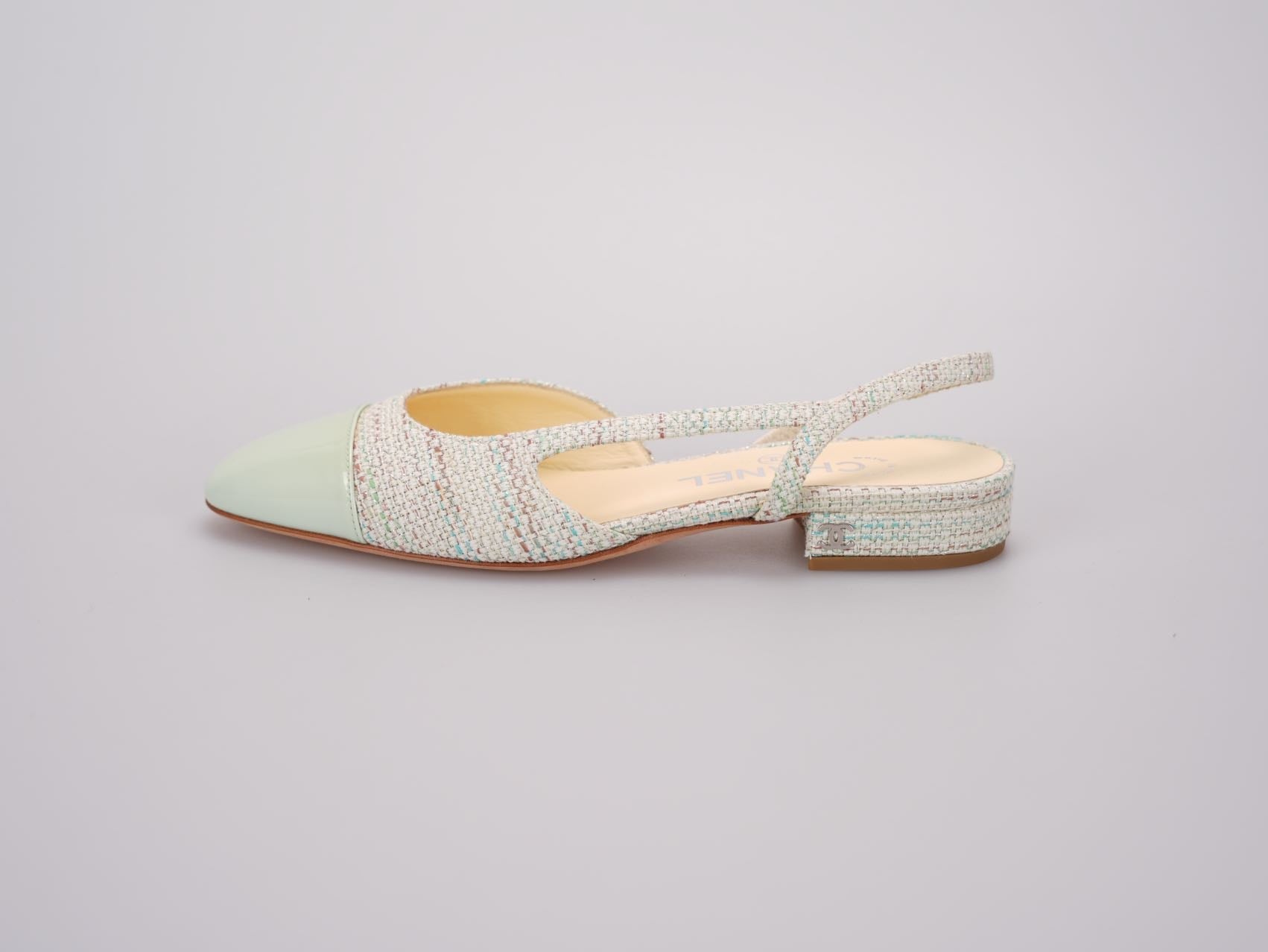 Chanel Light Green Tweed Slingback Patent Cap Toe Ballerinas 36