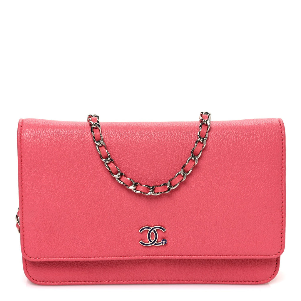 Grained Calfskin Clover CC Wallet On Chain WOC Pink
