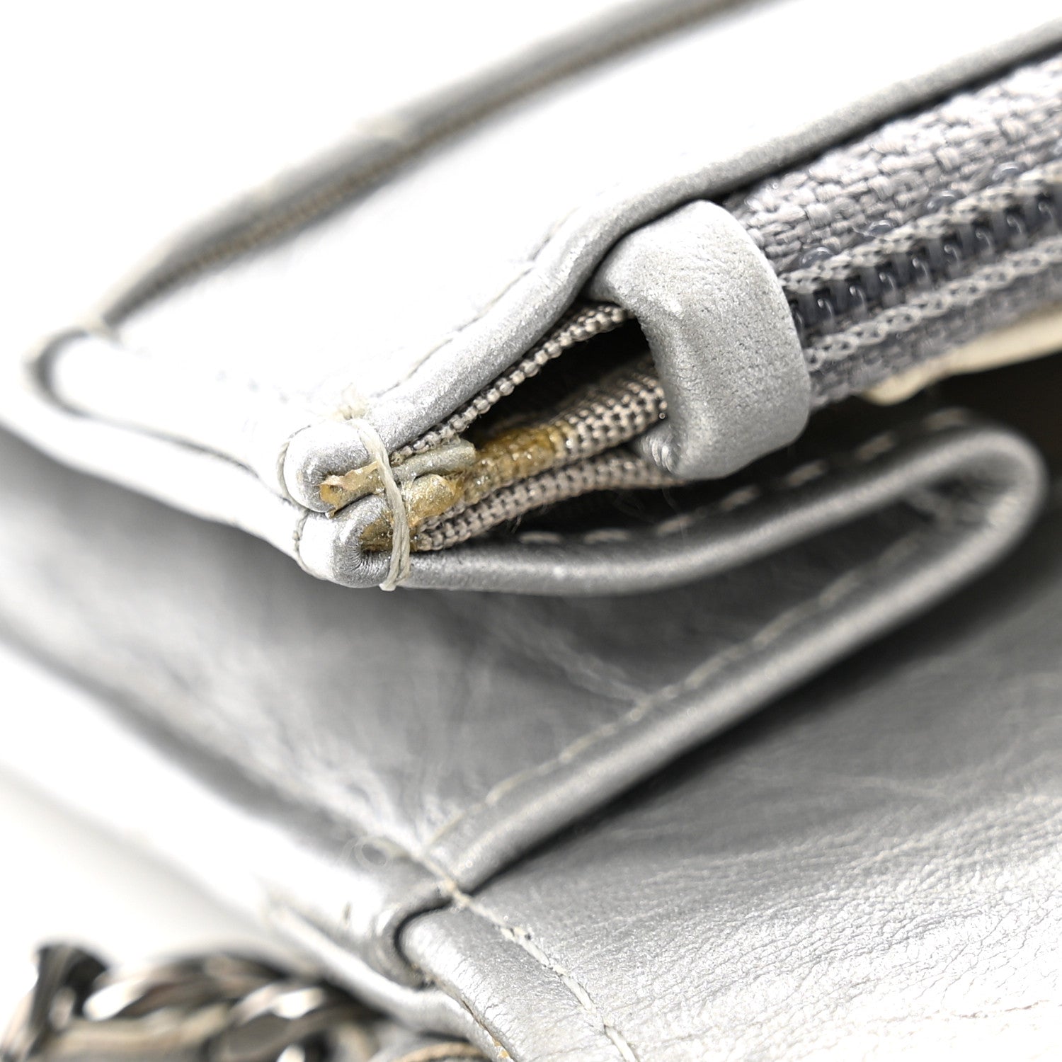 Metallic Aged Calfskin Quilted Wallet on Chain WOC Silver