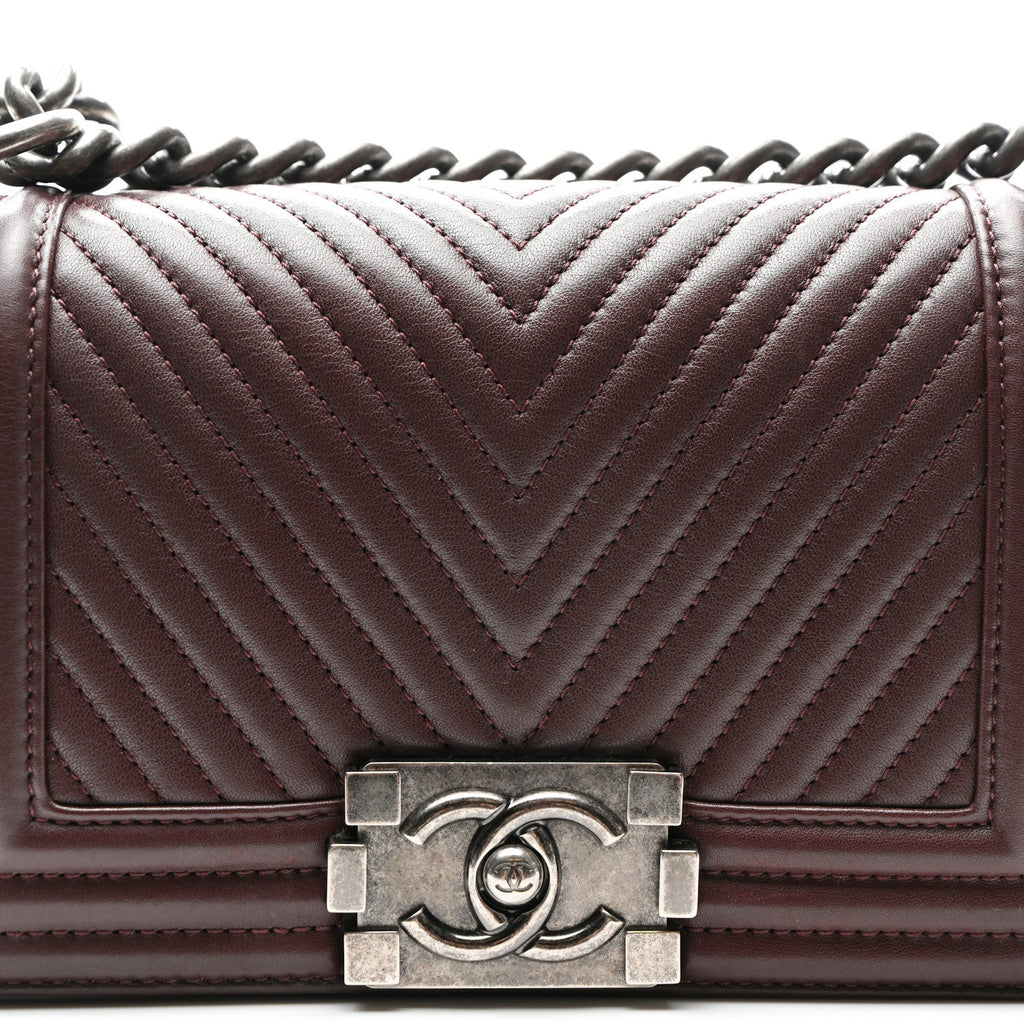 Calfskin Chevron Quilted Small Boy Flap Burgundy