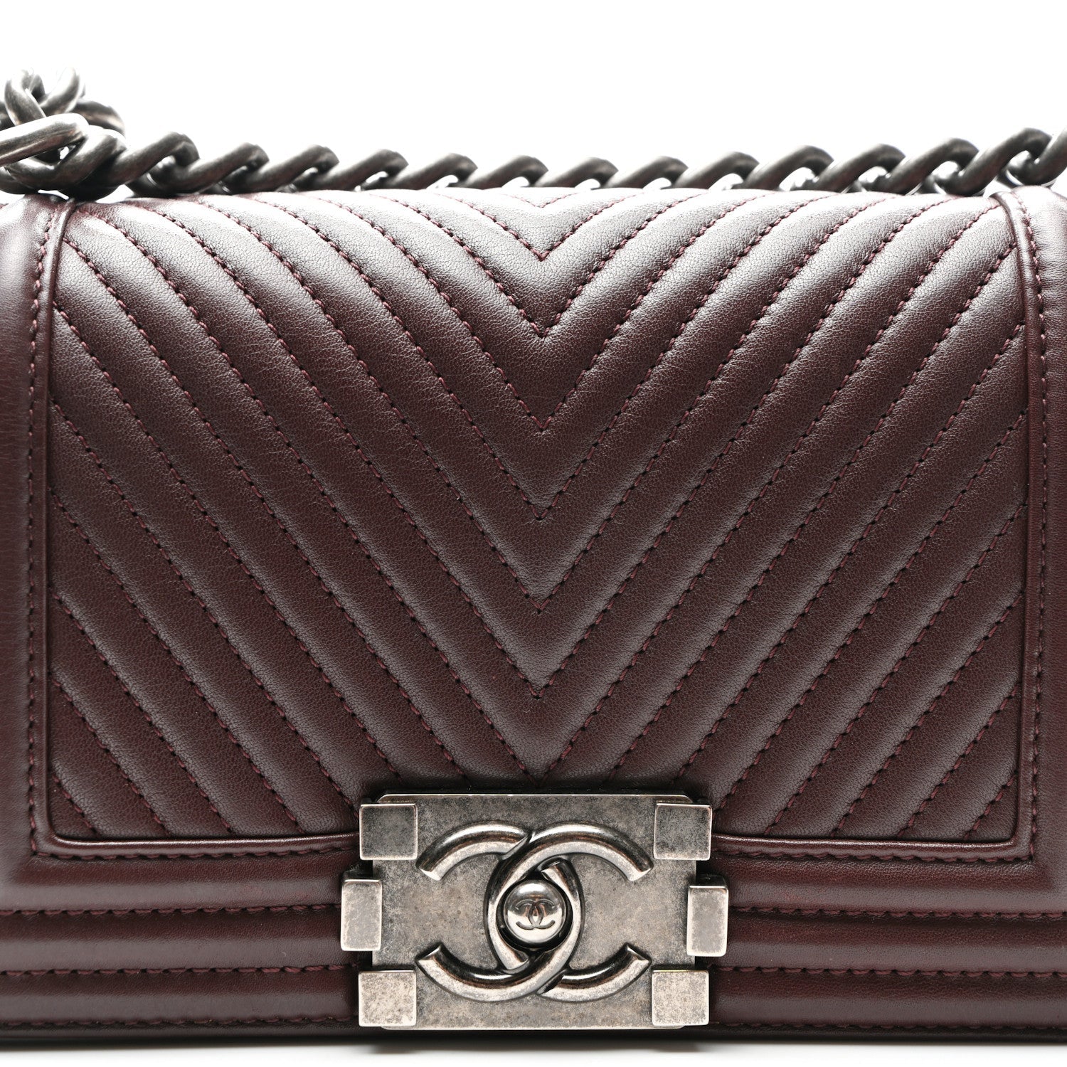 Calfskin Chevron Quilted Small Boy Flap Burgundy