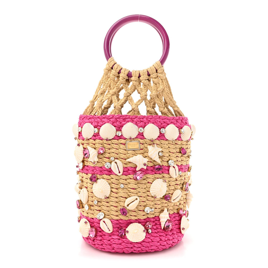 Raffia Crystal Seashell Bucket Bag Natural Pink
