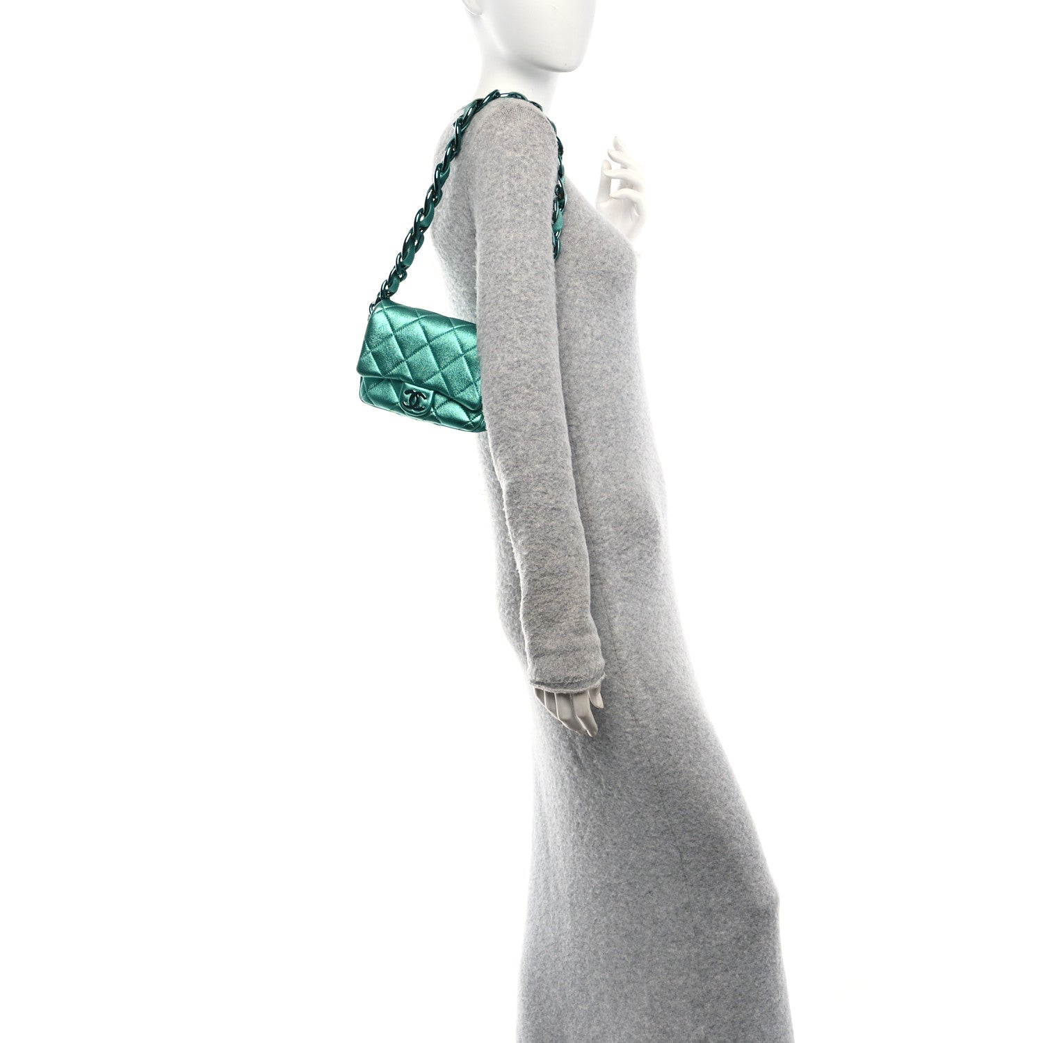Metallic Lambskin Quilted Mini Lacquered Chain Flap Turquoise