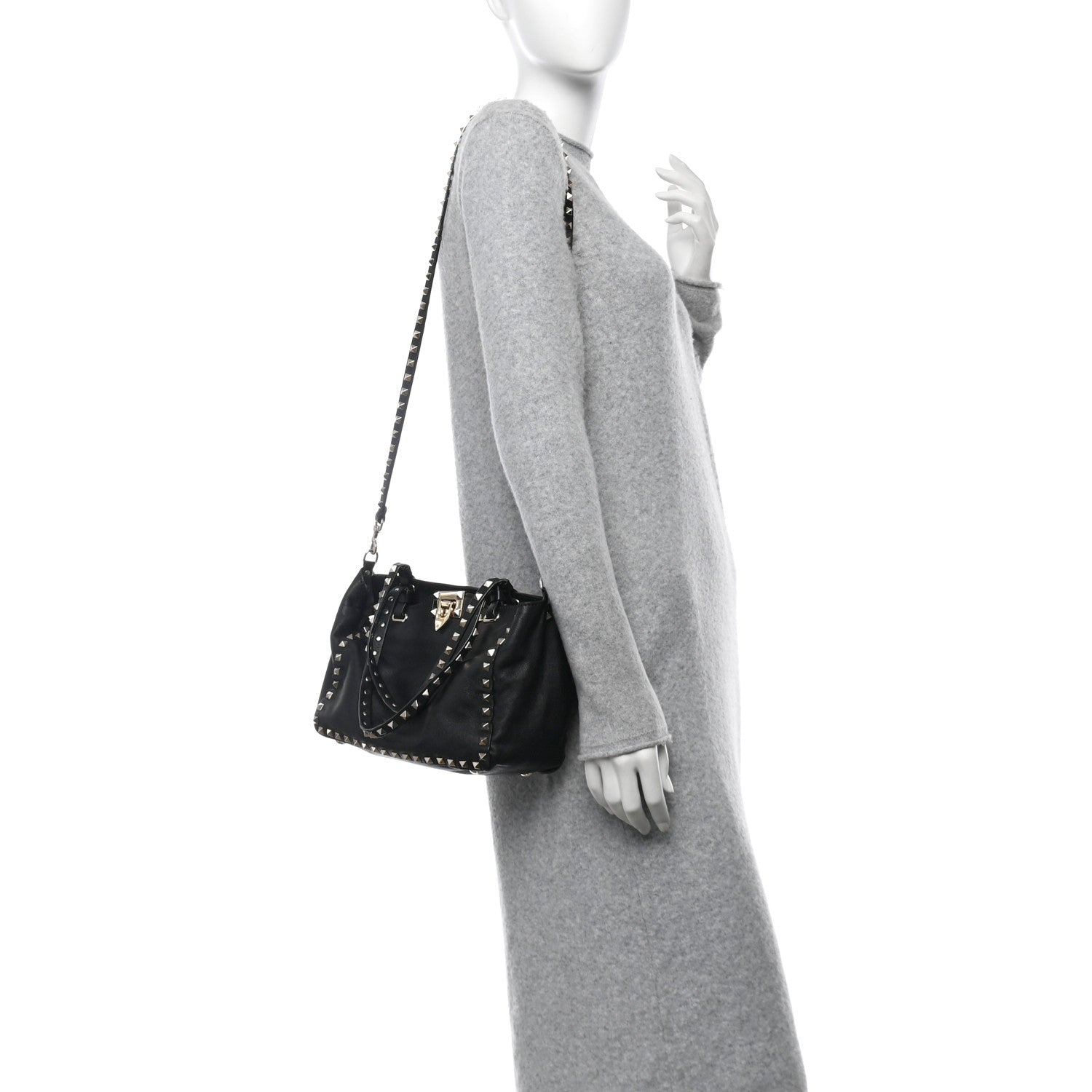 Grained Calfskin Small Rockstud Tote Black