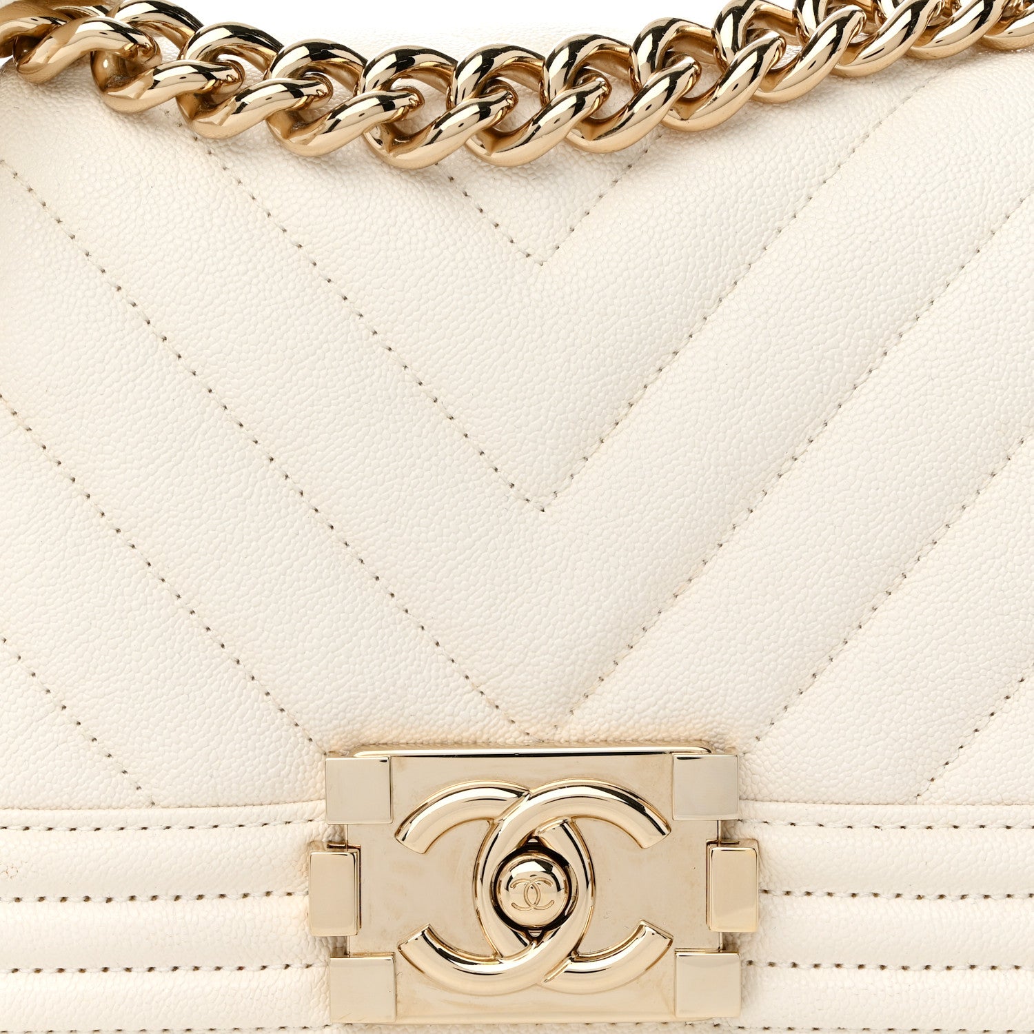Caviar Chevron Quilted Small Boy Flap White