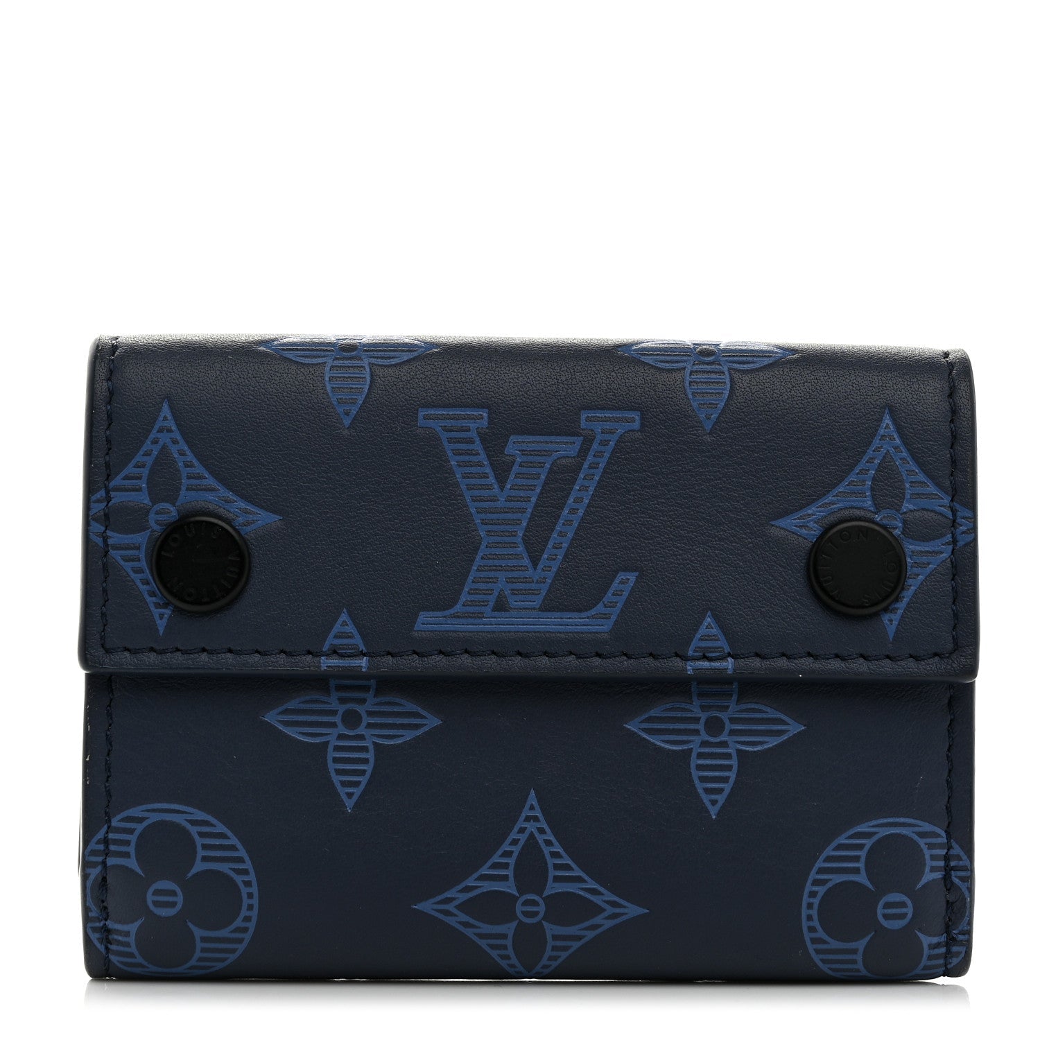 Calfskin Monogram Shadow Discovery Compact Wallet Navy