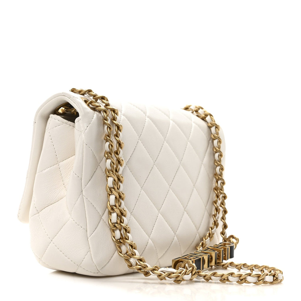 Lambskin Quilted Small Enamel Logo Chain Flap White