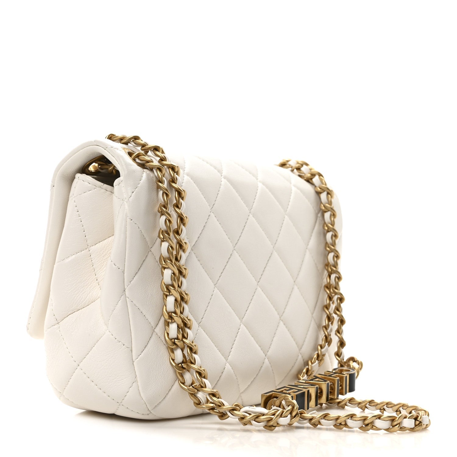Lambskin Quilted Small Enamel Logo Chain Flap White