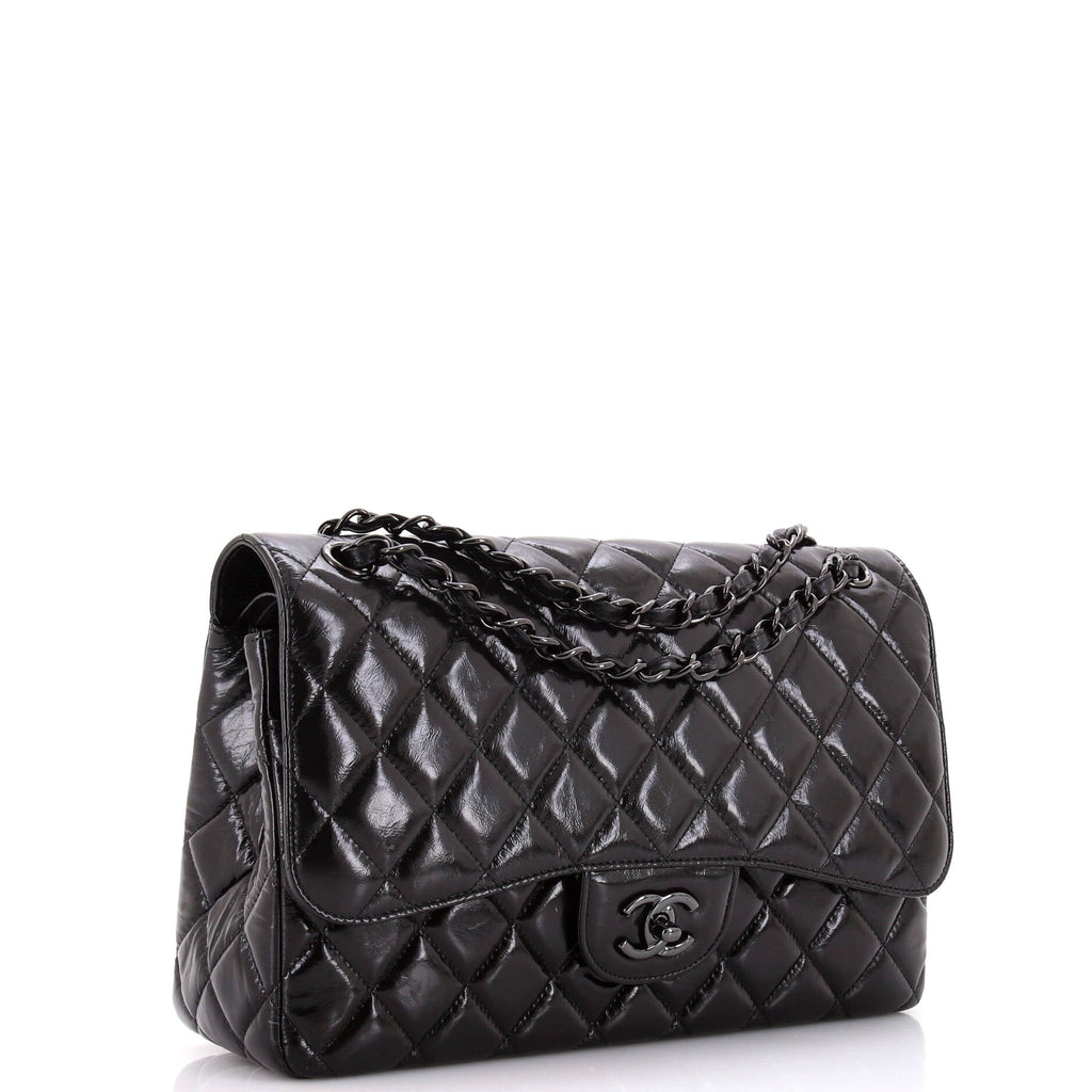 So Black Classic Double Flap Bag Quilted Shiny Crumpled Calfskin Jumbo