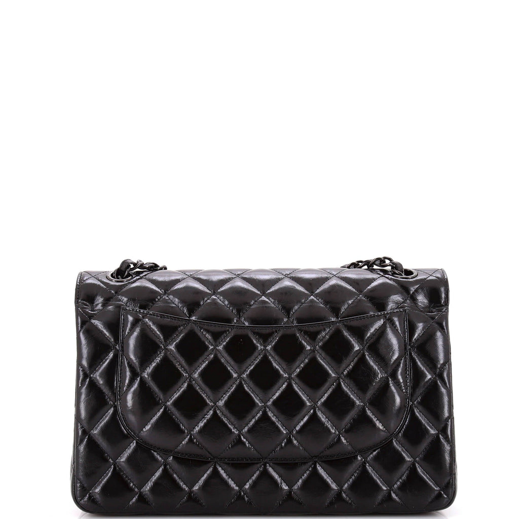 So Black Classic Double Flap Bag Quilted Shiny Crumpled Calfskin Jumbo
