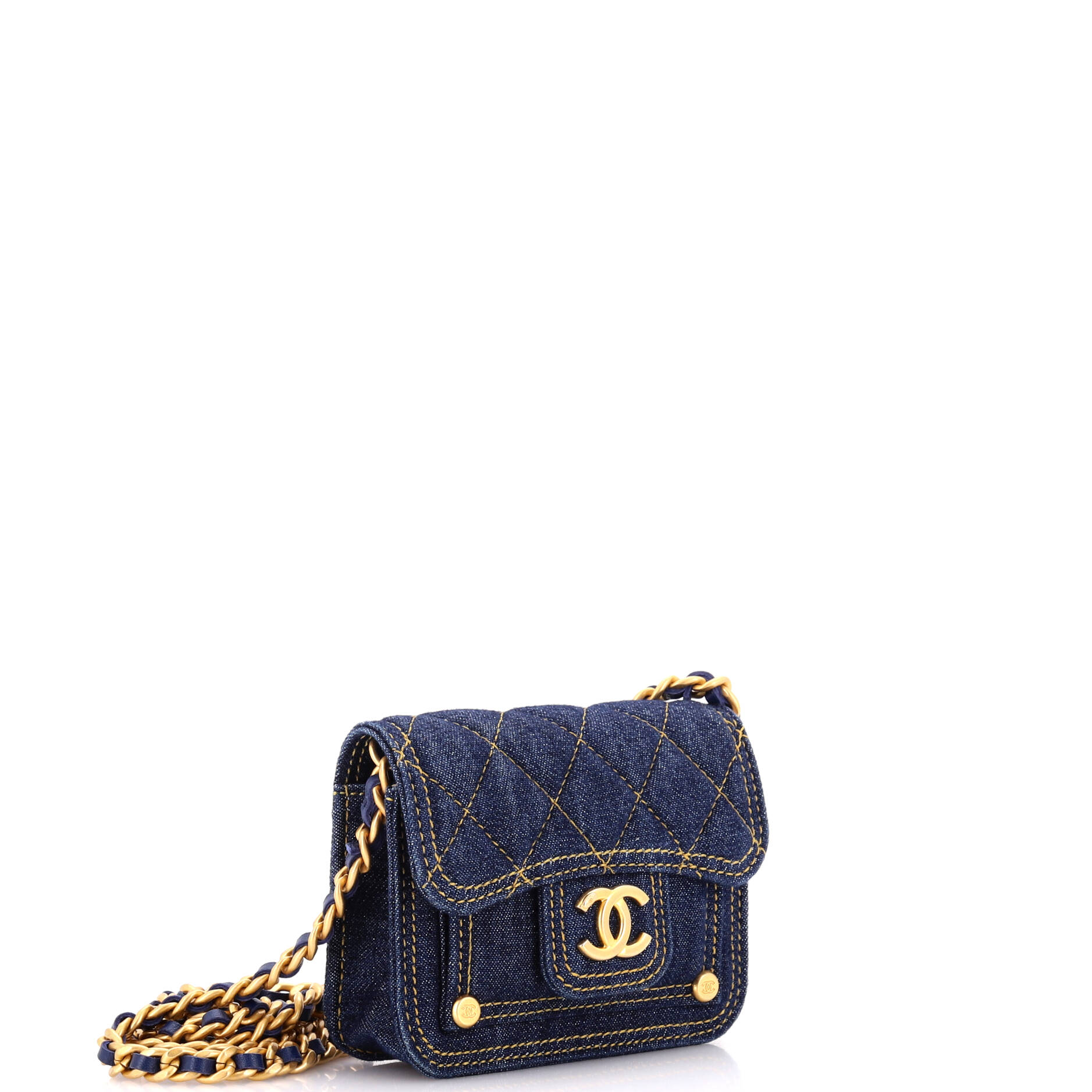 Double You CC Flap Clutch with Chain Quilted Denim