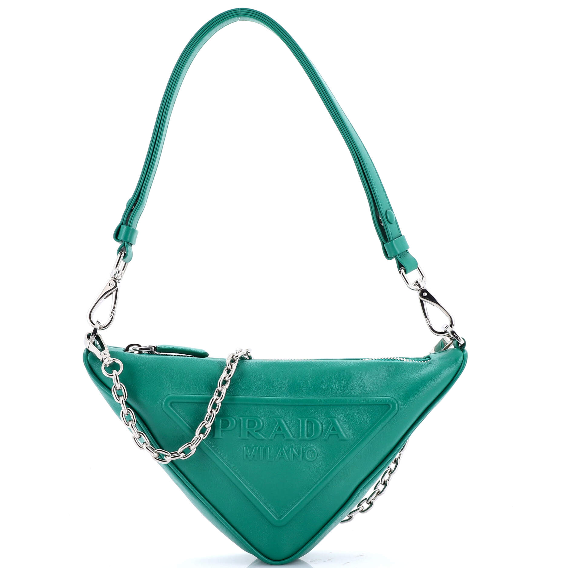 Triangle Logo Zip Chain Crossbody Bag Embossed Leather Small