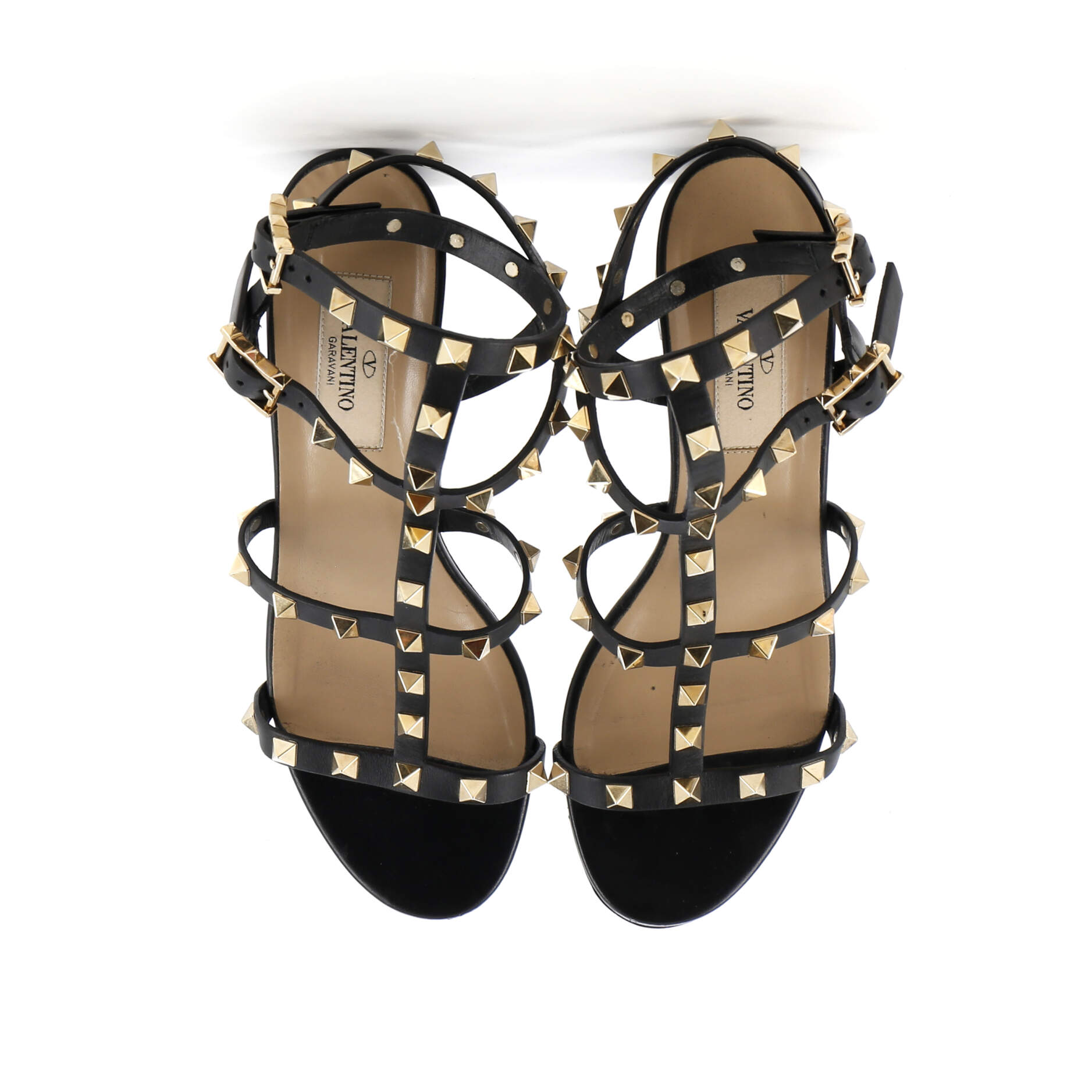 Women's Rockstud Caged Ankle Strap Block Heel Sandals Leather