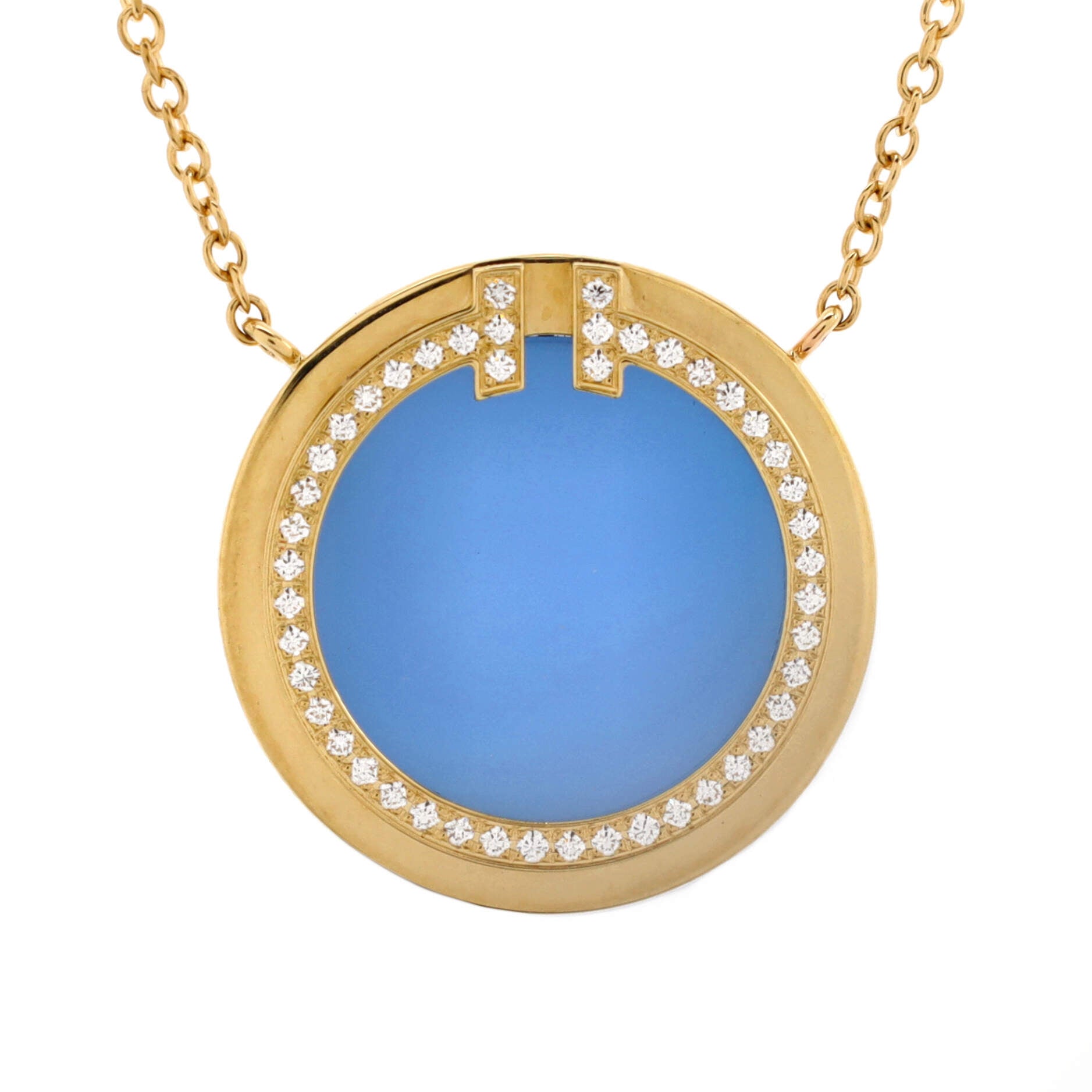 T Circle Pendant Necklace 18K Yellow Gold with Agate and Diamonds Large