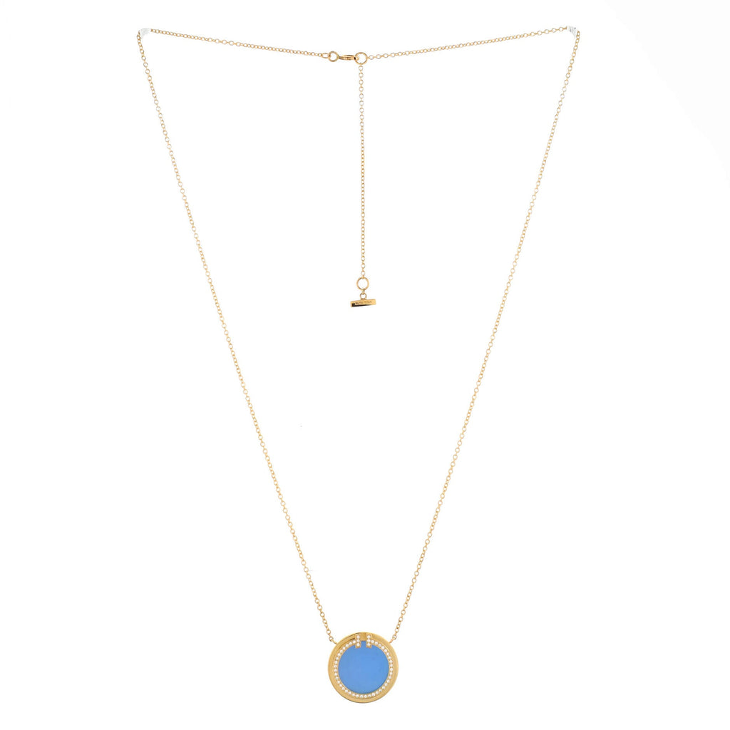 T Circle Pendant Necklace 18K Yellow Gold with Agate and Diamonds Large